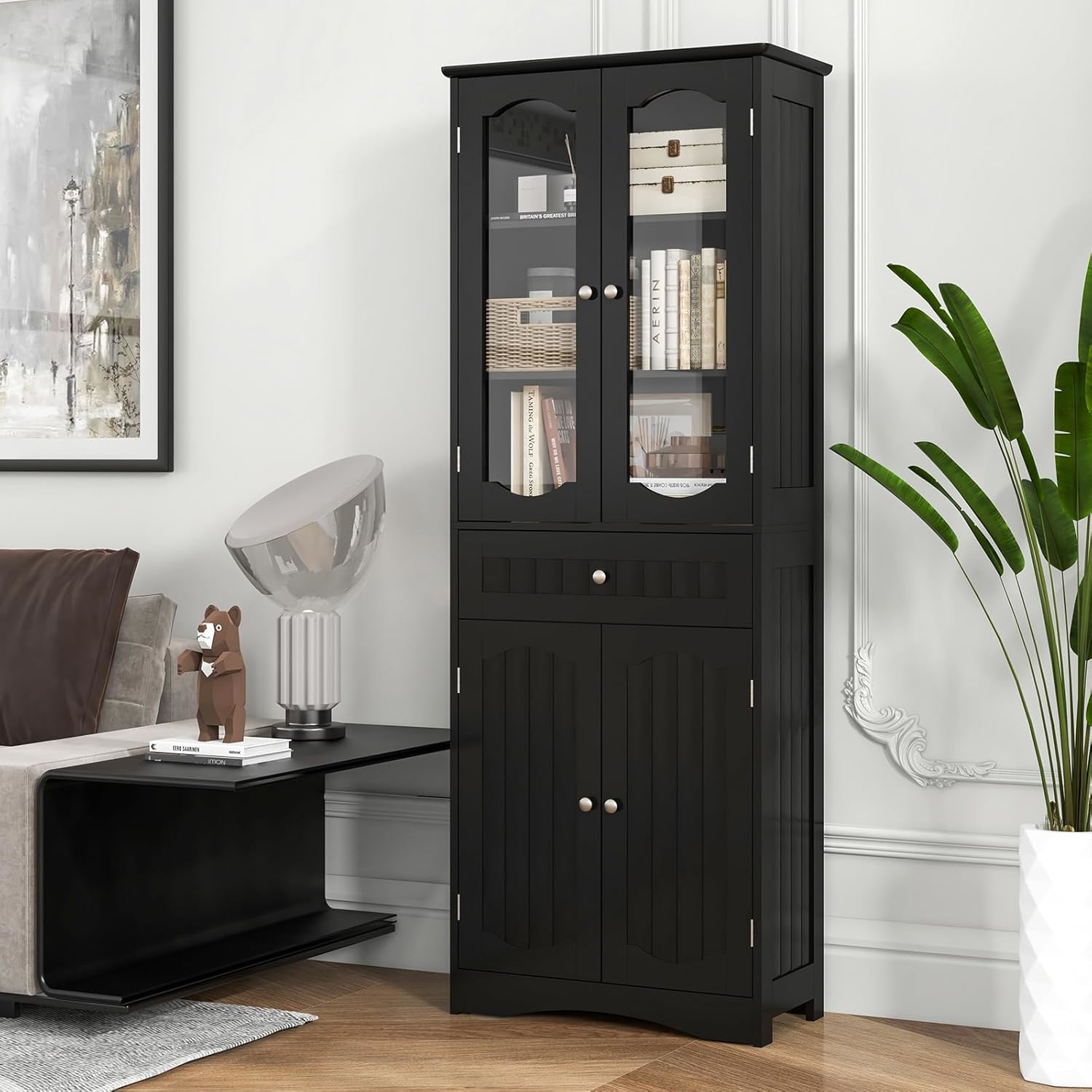 Image of 63" Tall Bathroom Storage Cabinet, Freestanding Linen Cabinet With 2 Glass Doors, 2 Adjustable Shelves And 1 Drawer, Kitchen Pantry Cabinet Or Living Room, Dining Room, Office, Black