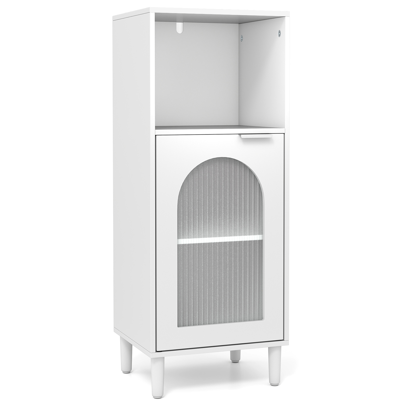 Image of Bathroom Floor Cabinet, Wood Side Storage Organizer With Adjustable Shelf, Single Tempered Glass Door, Anti-tipping Kit & Solid Wood Legs, Freestanding Cabinet For Hallway Living Room, White