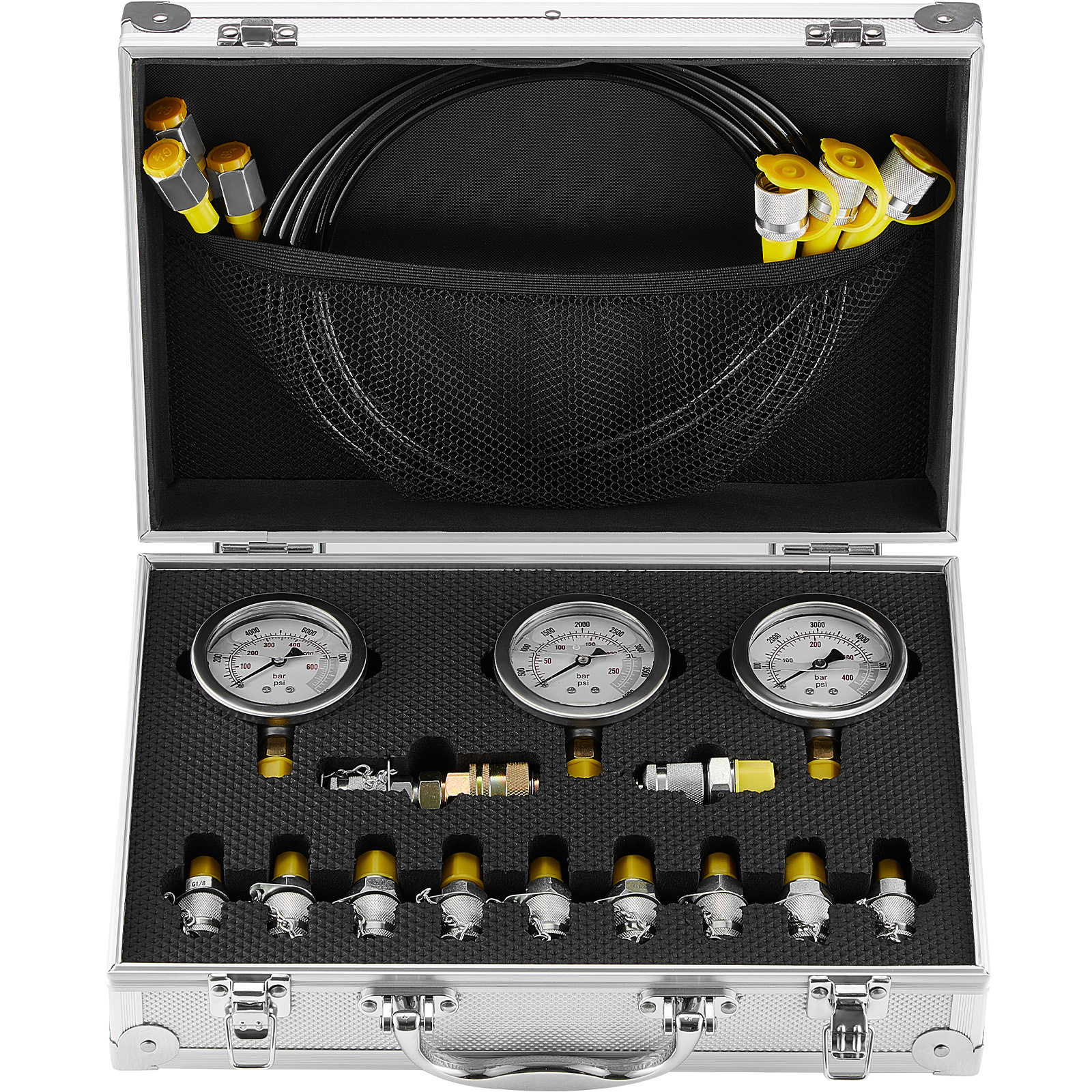 Image of Vevor Hydraulic Pressure Test Kit, 250/400/600bar, 3 Gauges 11 Test Couplings 3 Test Hoses, Excavator Hydraulic Test Gauge Set With Portable Carrying Case For Excavator Tractors Construction Machinery