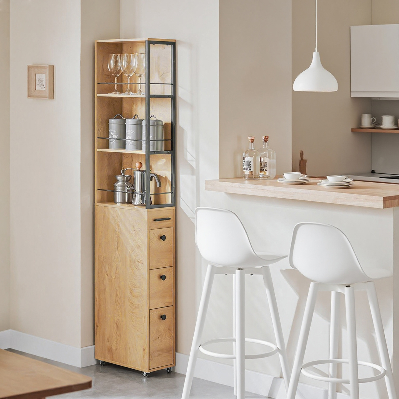 Image of 1pc Narrow And Tall Storage Furniture With Wheels, Compact Storage Cart For Small Spaces, Multi-use Trolley For Kitchen And Bathroom Natural 20x40x170 Cm - Ots24-o