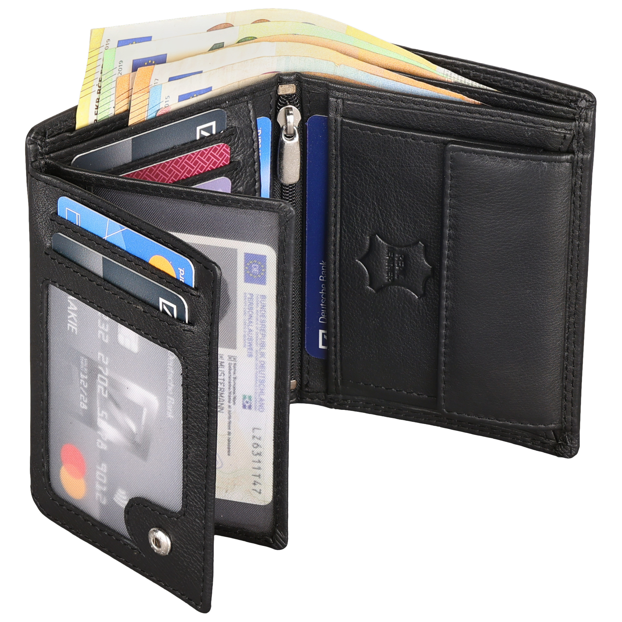 E-shop Leder Geldbörse Herren Portemonnaie RFID 10 Kartenfächer Hochformat Geldbeutel Echtleder Schwarz Maße : 12 x 9,5 x 2 cm