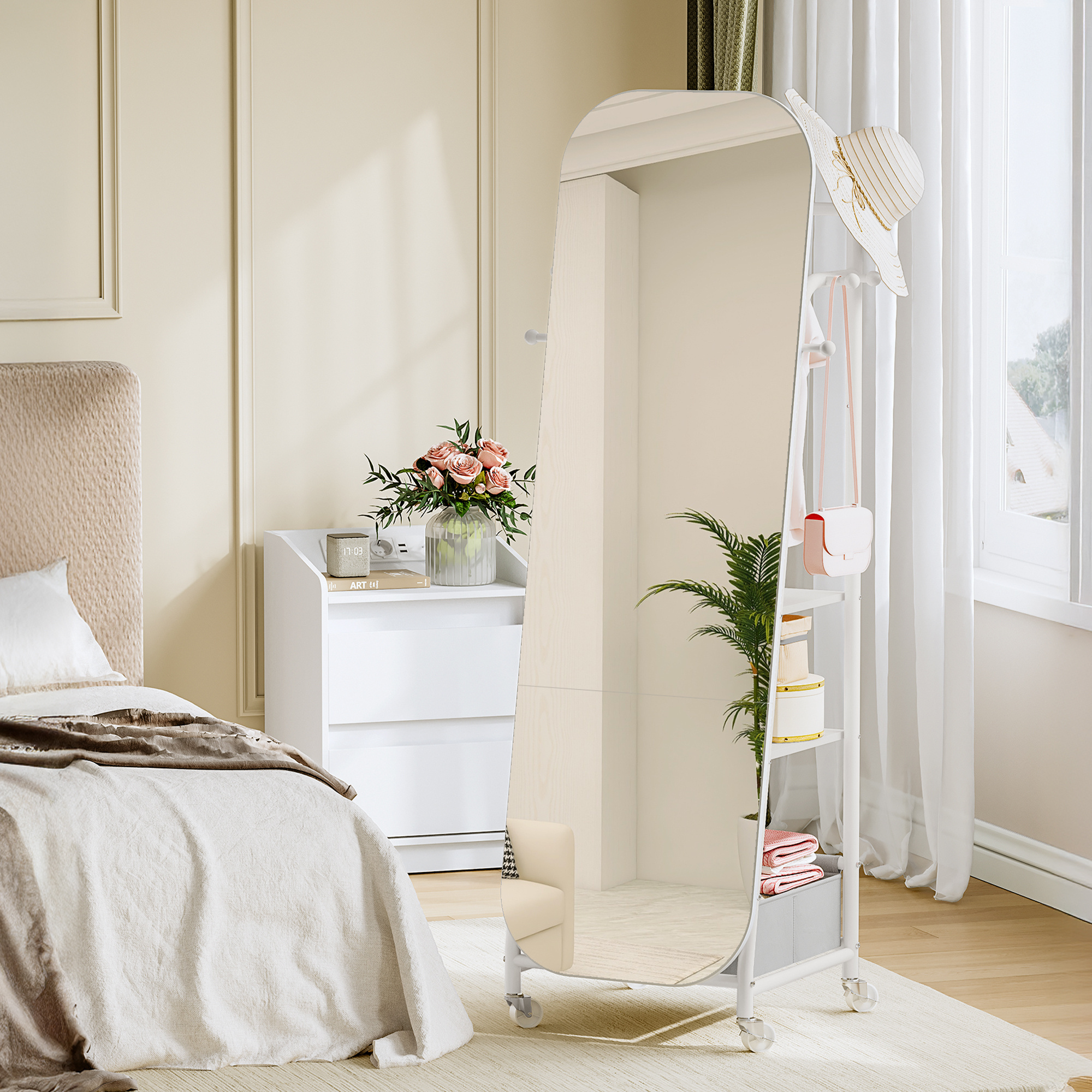 TEMU sur Pied, avec Porte-Manteau, 50 x165,8 cm, Roues Pivotantes À 360°, avec Boîte de Rangement et Crochets pour Chambre À Coucher, , Salon, Blanc