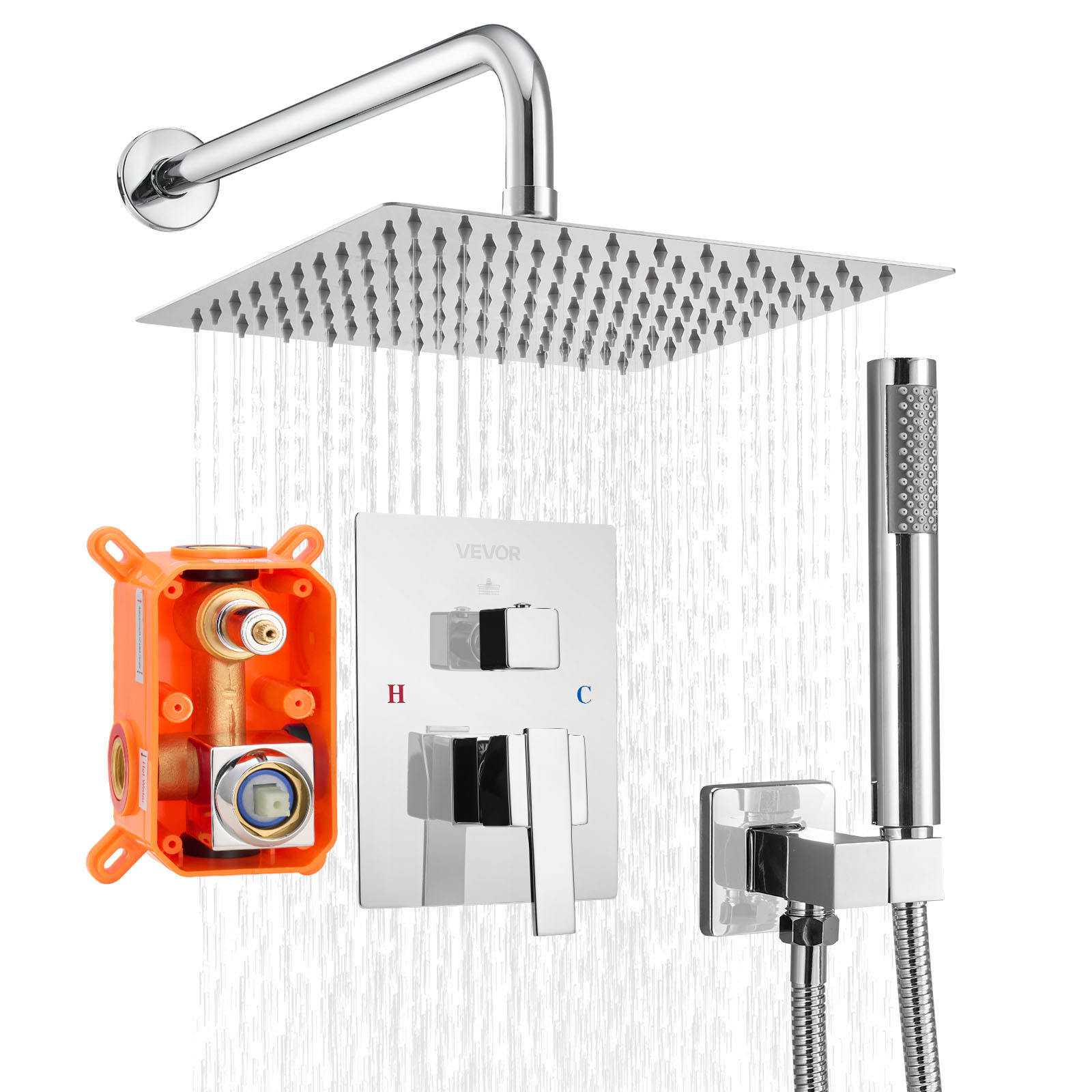 Vevor Shower Faucet Set 10" Square Rain Shower Head And Hand Set Silver Chrome