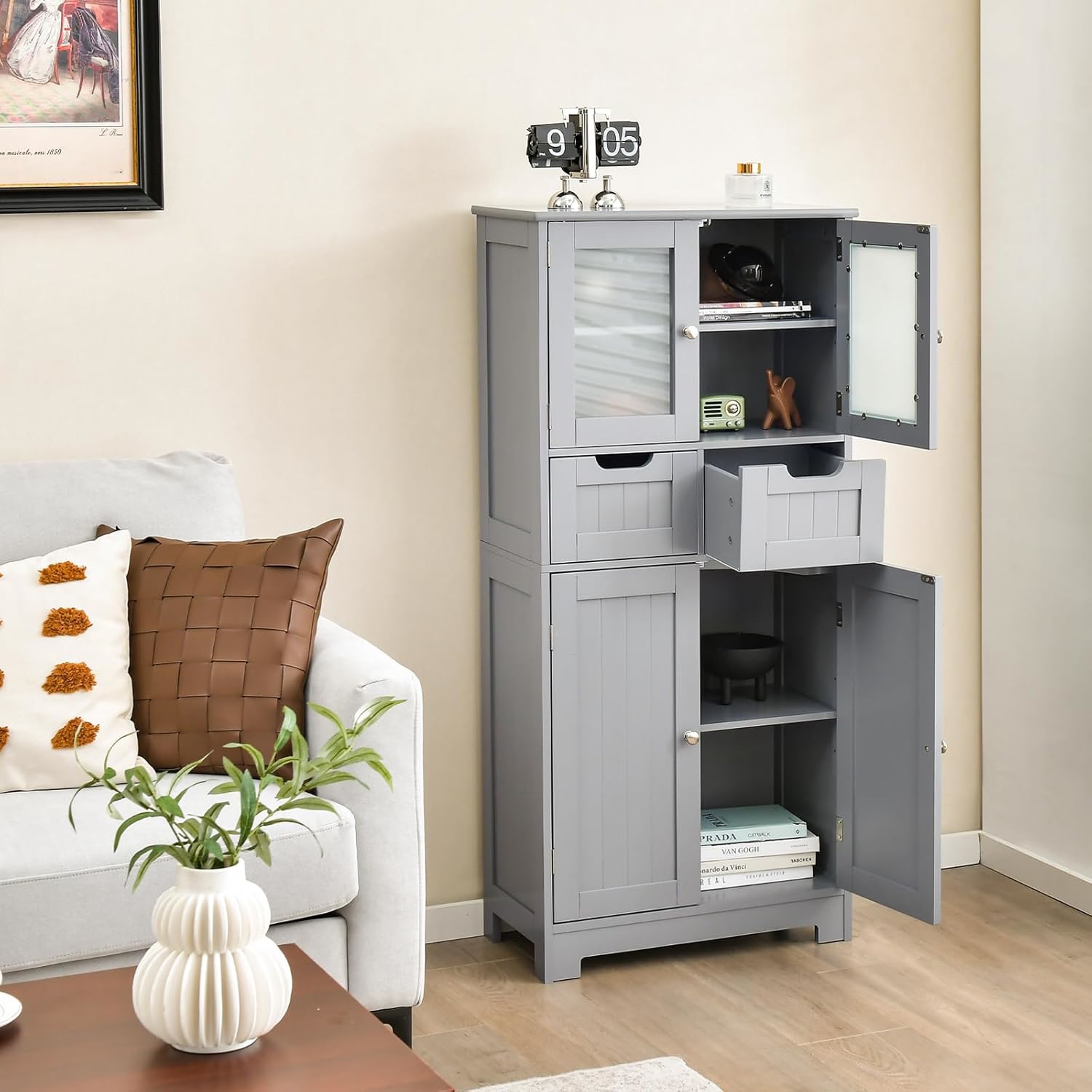Image of Floor Storage Cabinet W/ , Freestanding Bathroom Cabinet W/ 2 Glass Doors, 2 Drawers & Adjustable Shelves, Multifunctional Storage Organizer Cupboard For Room, Grey