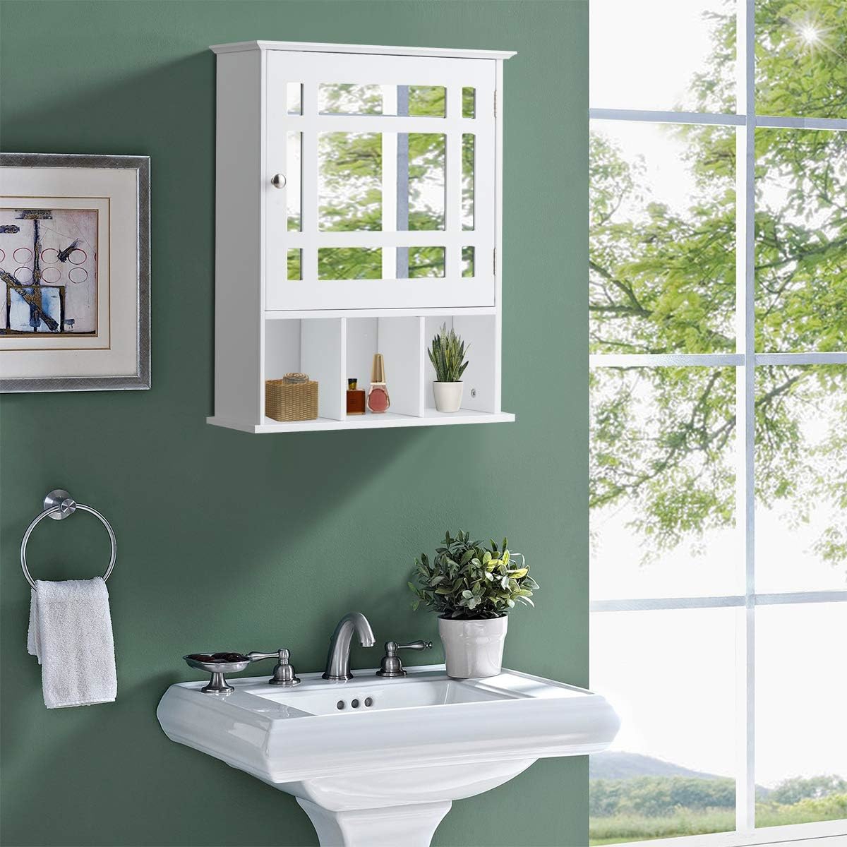 Wall-mounted Bathroom Cabinet Storage Organizer W/ Mirror Doors, Wall-mounted Medicine Cabinet W/ Adjustable Shelf & 3 Open Compartments For Bathroom, Living Room, Entryway, White