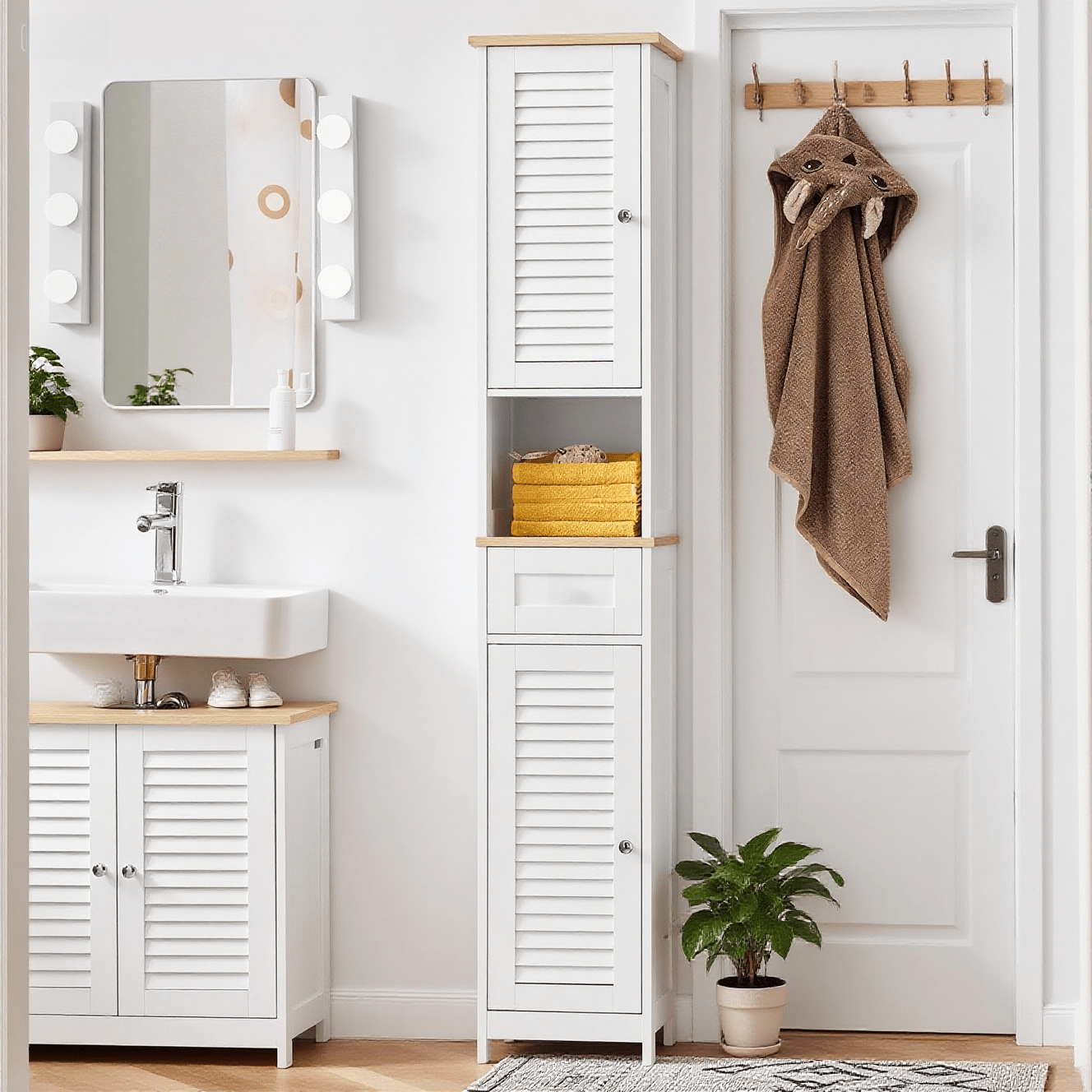 TEMU 1pc Of Bathroom Cabinet Column High Cabinet With 2 Doors, 1 Drawer And Open Bathroom Storage Cabinet For Bathroom, Wc, Sdb, Toilet Or Kitchen