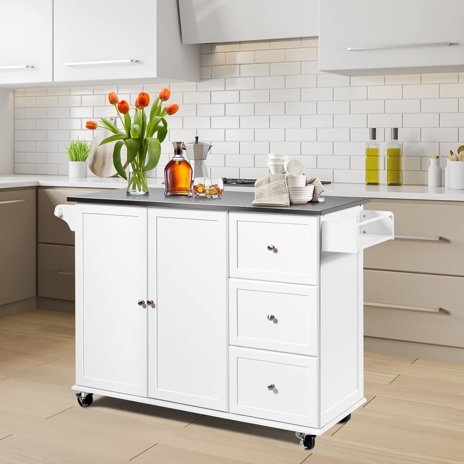 Image of Kitchen Island Trolley With Wheels Wooden Cupboard Shelf 3 Adjustable Levels And 3 Drawers, Stainless Steel Tray, Spice Rack, Towel Rack