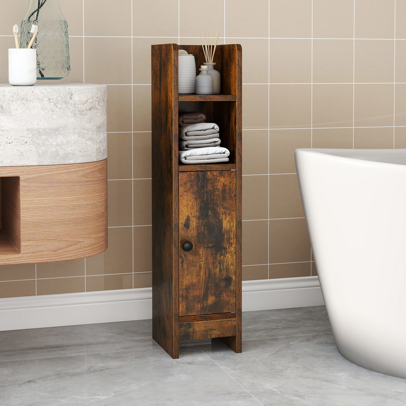 Image of Bathroom Storage Cabinet, Small Corner Floor Cabinet With Door And Adjustable Shelves, Narrow Toilet Paper Holder Stand, Bathroom Organizer With Adjustable Shelf, Brown