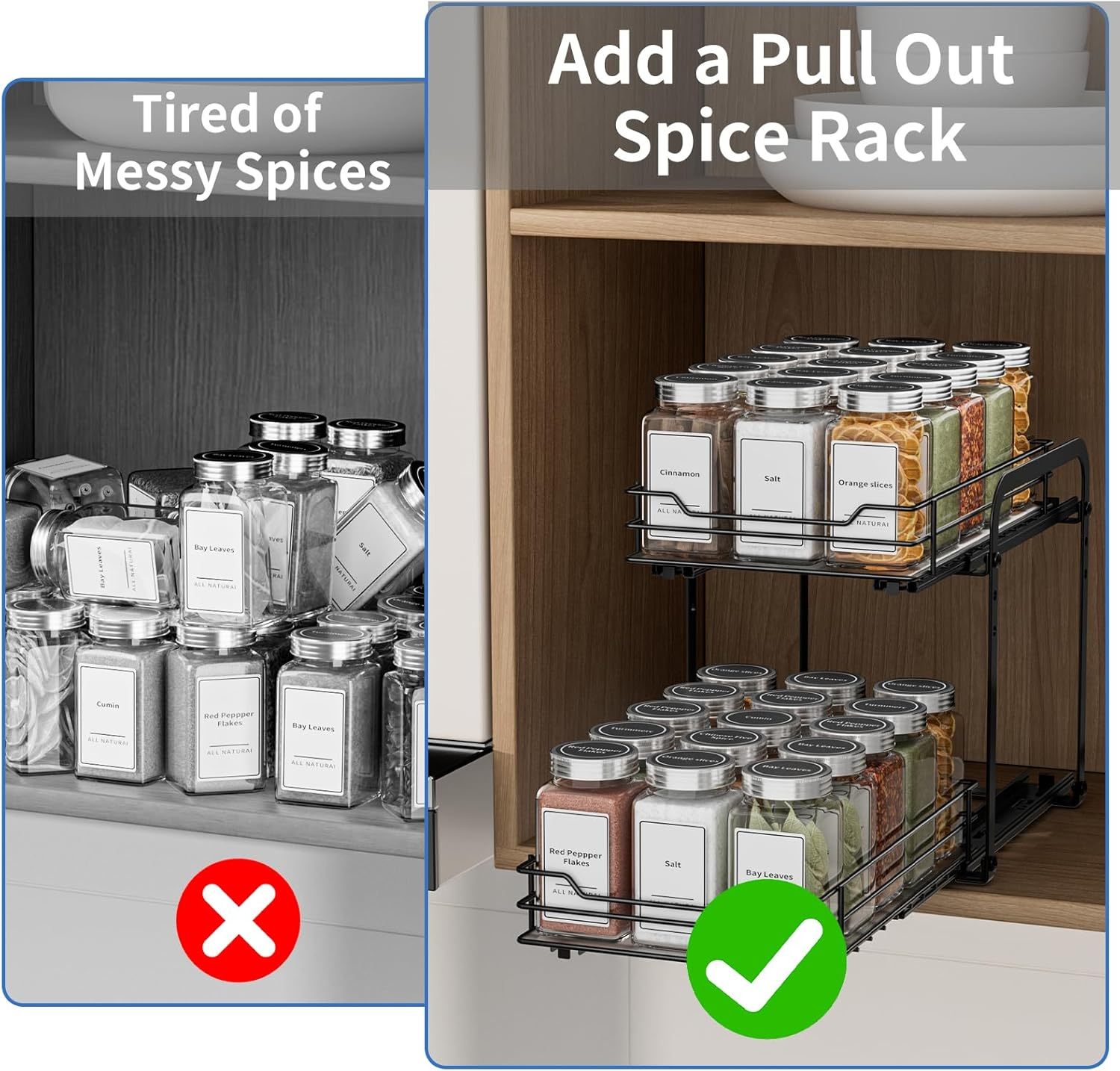 2 Tier Spice Rack, Pull Out Spice Organiser for Inside Cupboard, Cabinet or Countertop - Adjustable Cabinet Shelf with Smooth Slide Rails for Kitchen, Pantry