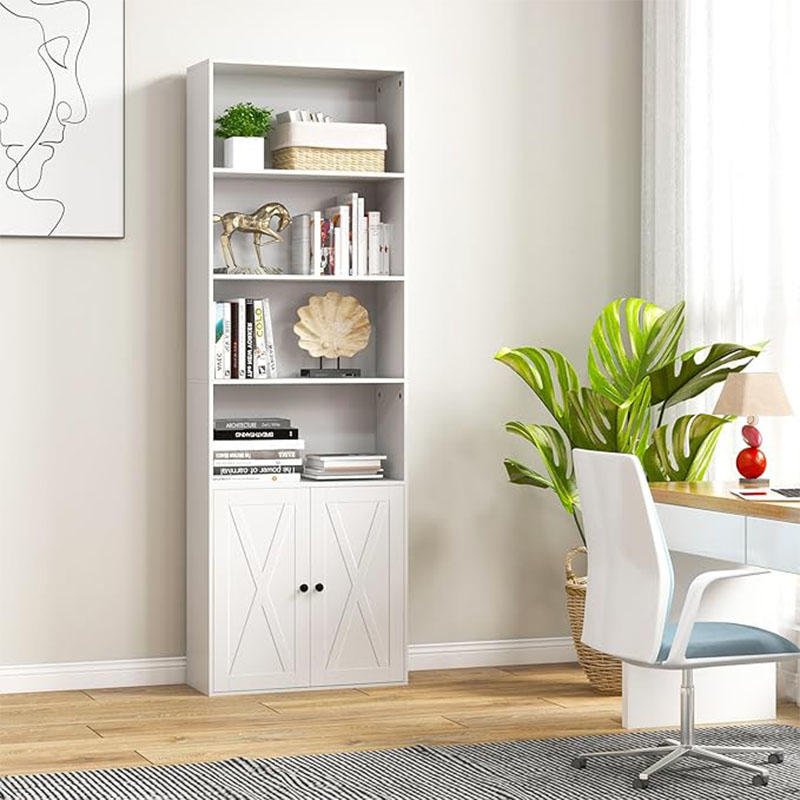 Farmhouse Bookcase With Doors, 71" Freestanding Bookshelf With 6 Shelves And 2-door Cabinet, Versatile Display Shelving Unit