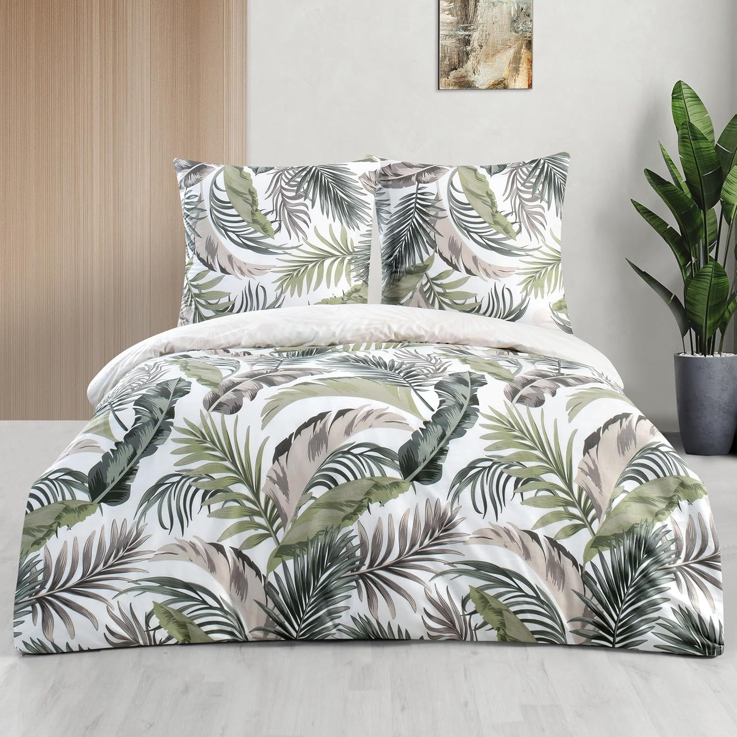 Image of 100% Cotton Duvet Cover Reinforced Bedding Palm Leaf With Zipper