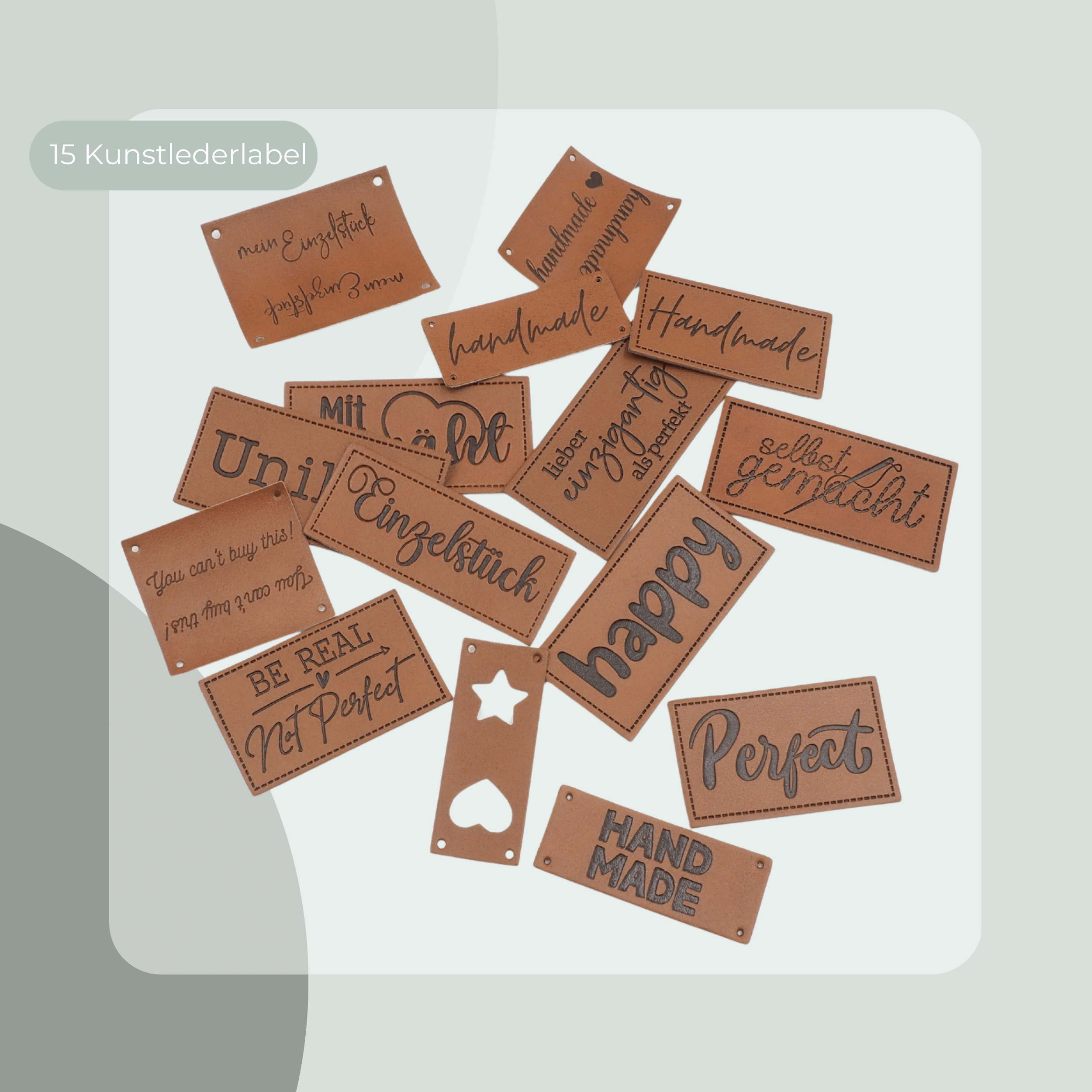 E-shop 15 Kunstleder Label Set zum Annähen – Handmade Etiketten für Kleidung, , DIY & Handarbeit – hochwertige PU-Leder Labels für selbstgemachte