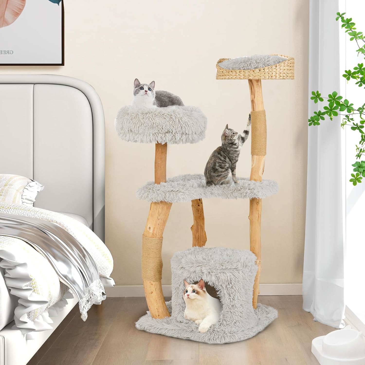 Tall Cat Tree, Solid Wood Cat Tower With Fluff Perch, Cat Condo, Indoor Cat Climbing Stand