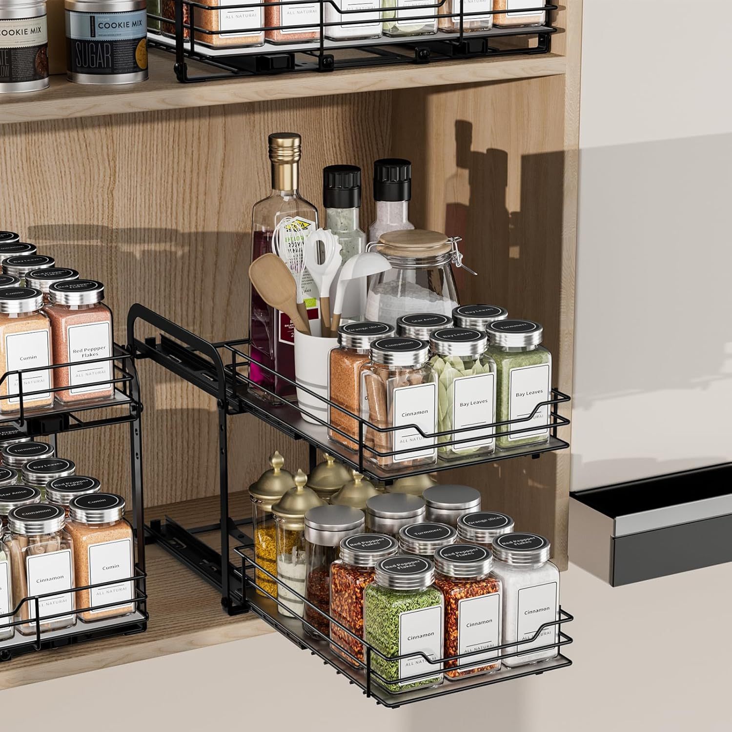 2 Tier Spice Rack, Pull Out Spice Organiser for Inside Cupboard, Cabinet or Countertop - Adjustable Cabinet Shelf with Smooth Slide Rails for Kitchen, Pantry