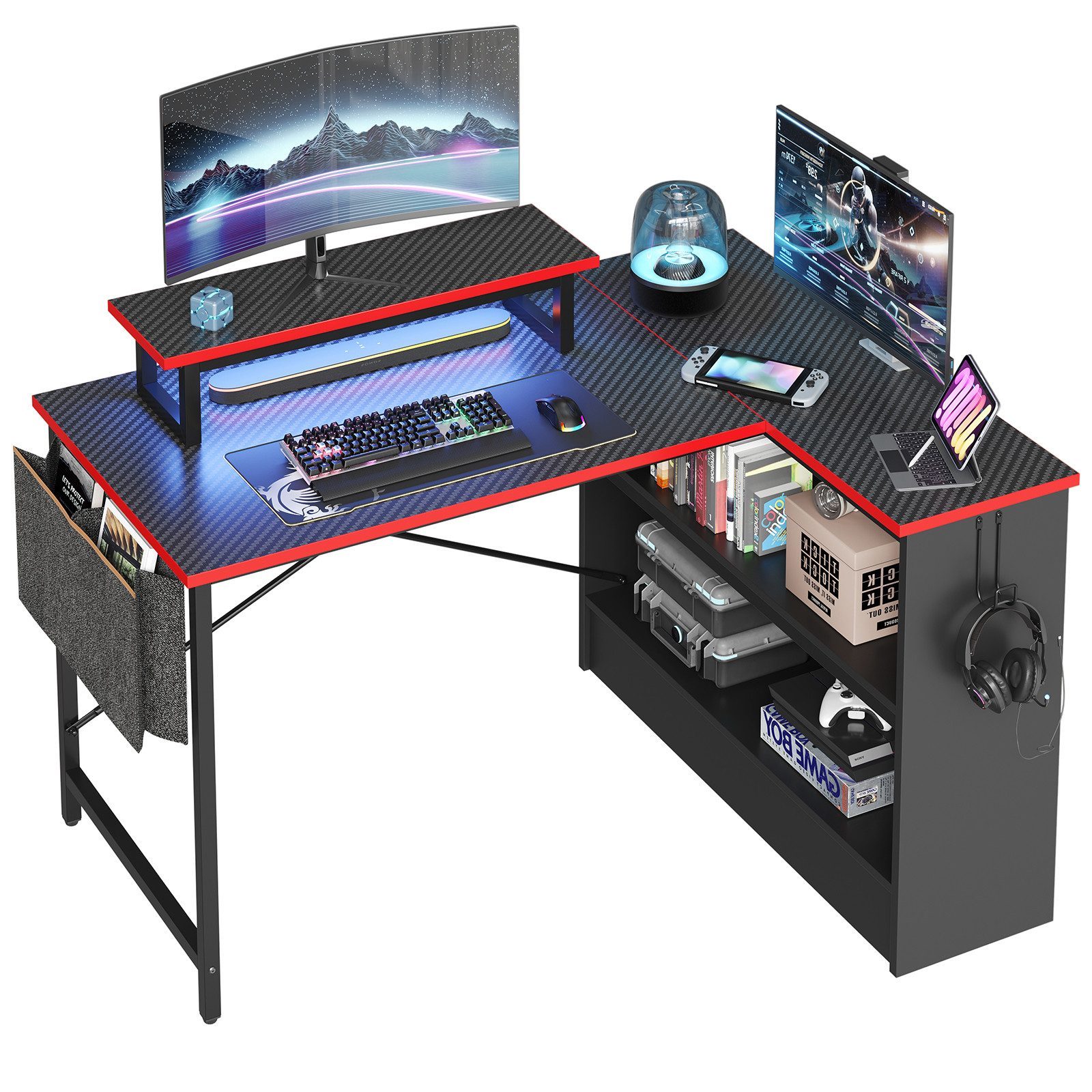Image of Bestier Modern White/black L-shaped Gaming Desk, Writing Desk, 107 Cm Long, Includes Storage Cabinets And Fabric Pockets For , Ideal For Bedroom, Apartment