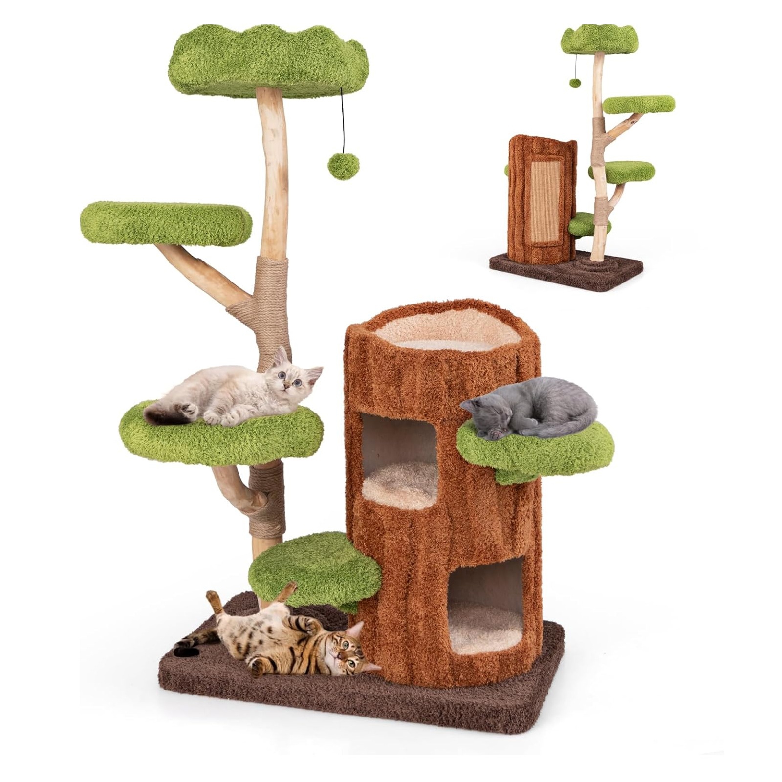 Branches de bois, poteaux à gratter, panneau en sisal, perchoir supérieur, plateformes et jouet suspendu, meuble d'escalade pour chat