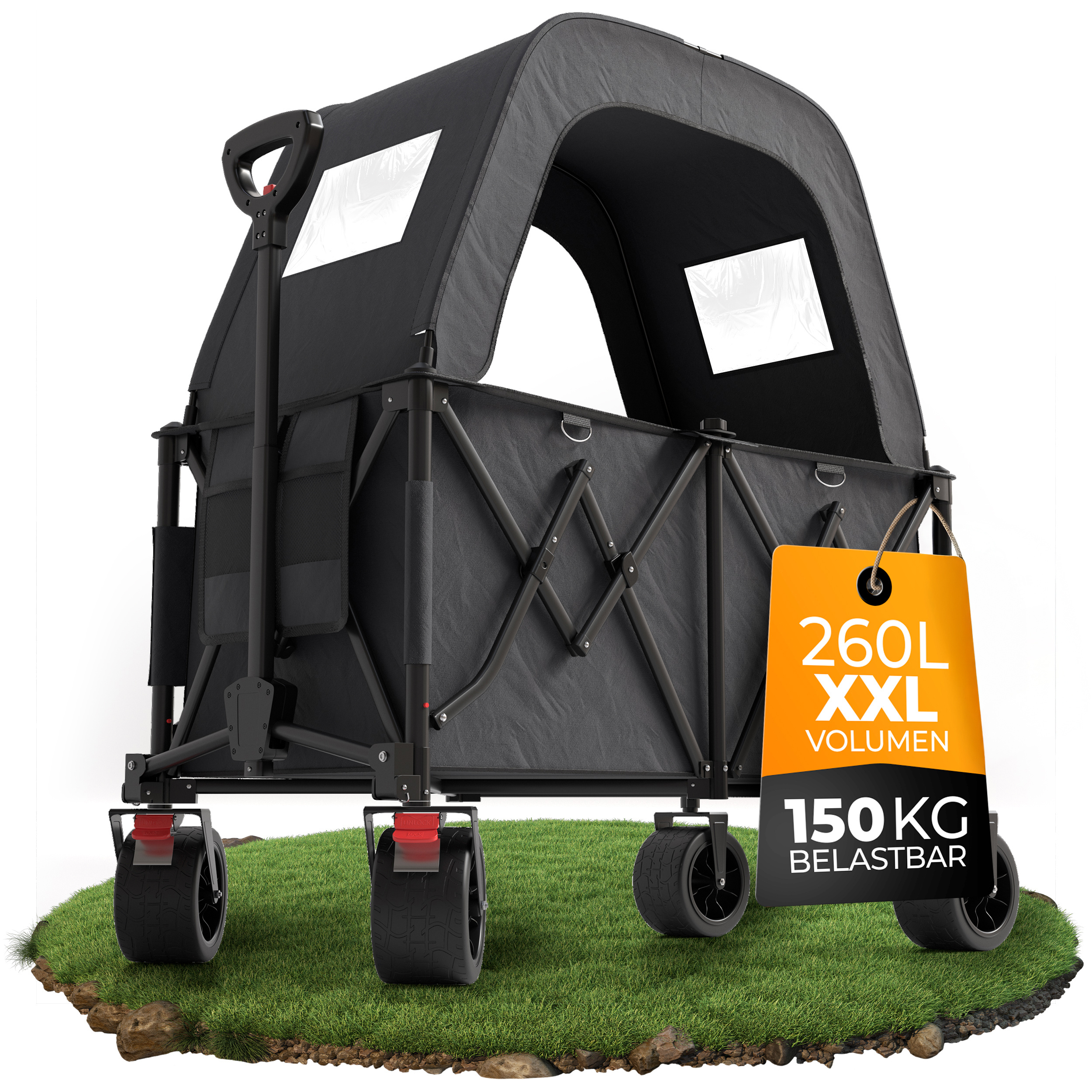 Image of Bigdean Xxl Foldable Hand Truck With Roof, 260l Capacity, 150kg Load Capacity, Durable Folding Cart With Extra-wide Tires For All Terrains