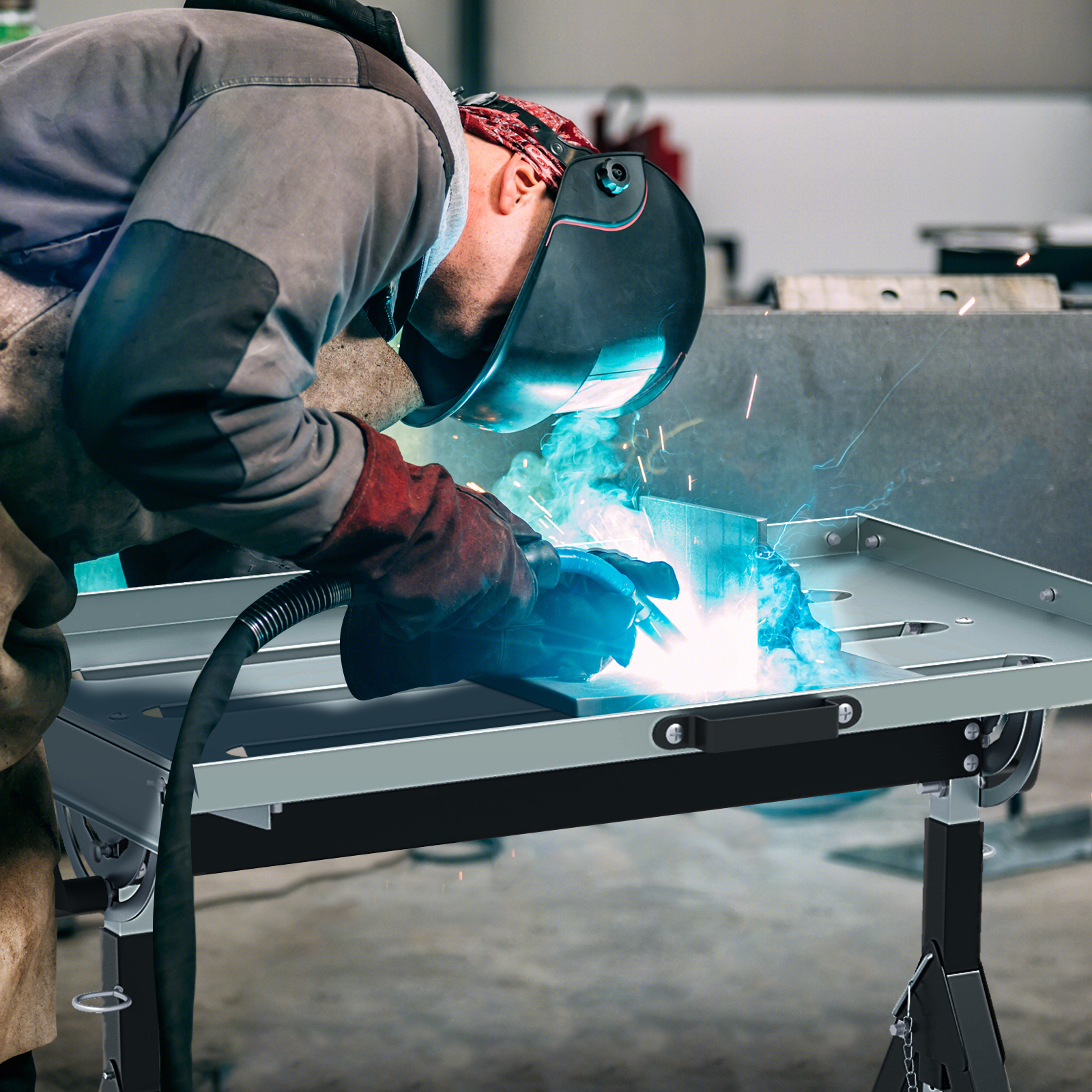 Adjustable Welding Table, Portable Metal Stand With Adjustable Angle And Height, Folding Workbench With 2 Fixed Wheels