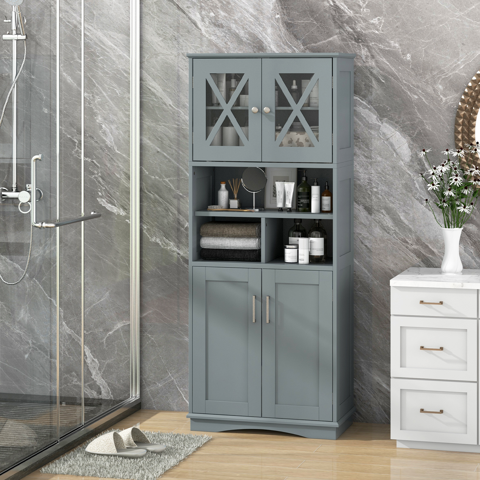 Tall Bathroom Cabinet, Large Floor Storage Cabinet W/ Acrylic Doors & , Freestanding Pantry Cabinet W/ Adjustable Shelves, Kitchen Cupboard Sideboard Cabinet, Home Organizer For Bathroom
