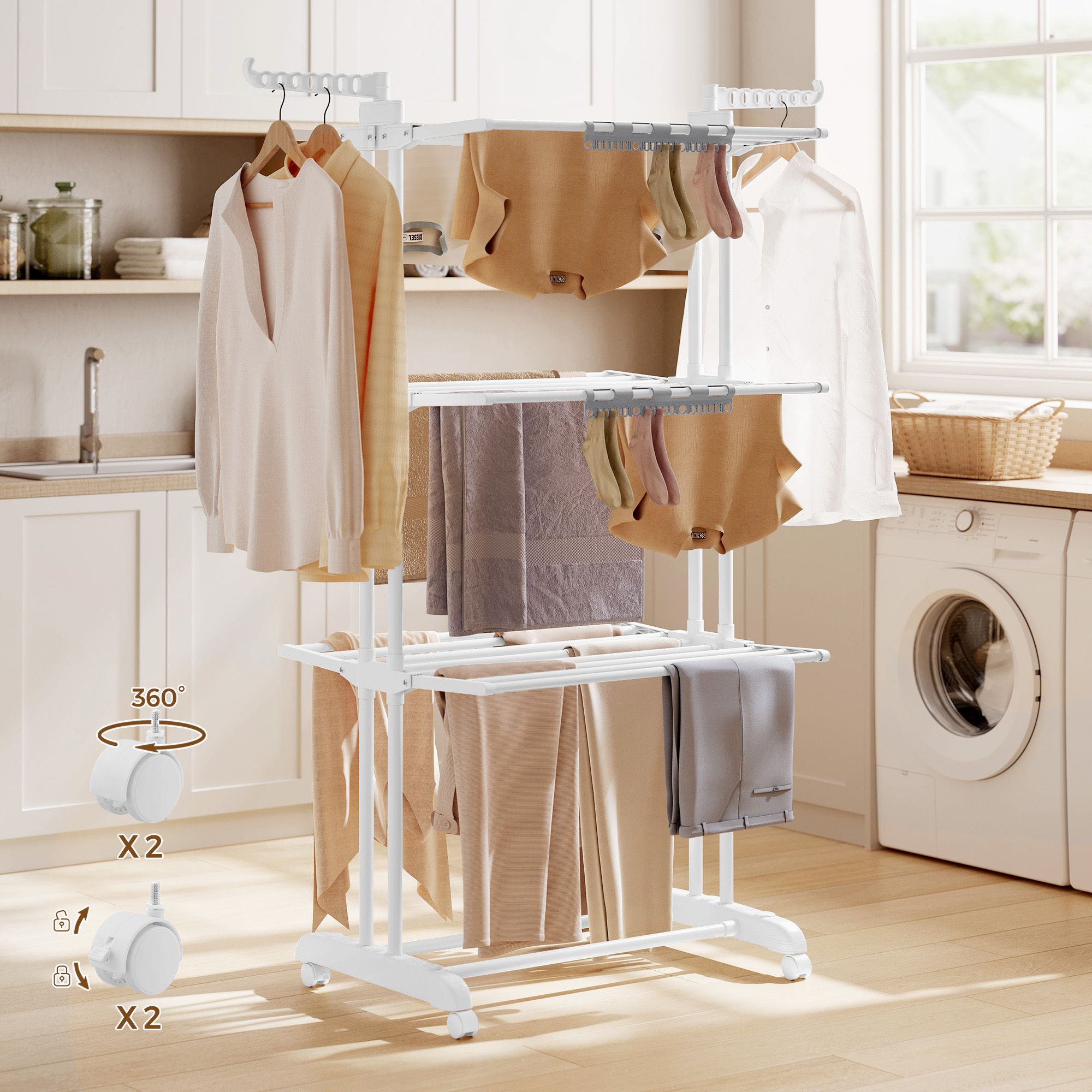 Clothes Drying Rack, 4-tier Freestanding Dryer, Multifunctional Towel Holder, Sock Holder, Foldable, Rollable, Suitable For Indoor And Outdoor Use, 63.5 X 128 X 173 Cm