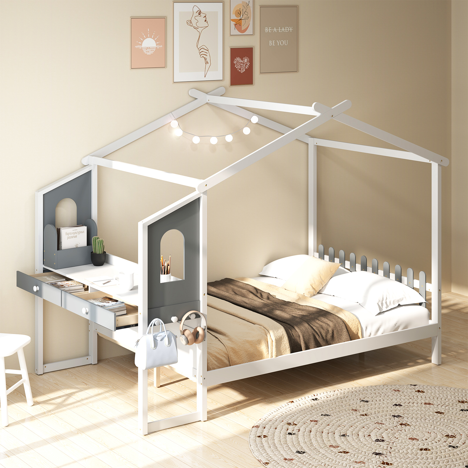 Image of Double Size House Bed With Desk, Wood Platform Bed With Fence Headboard, Hooks & Drawers, Mattress Foundation With 18 Wooden Slat Support, Spring Needed, 200 X 140 Cm