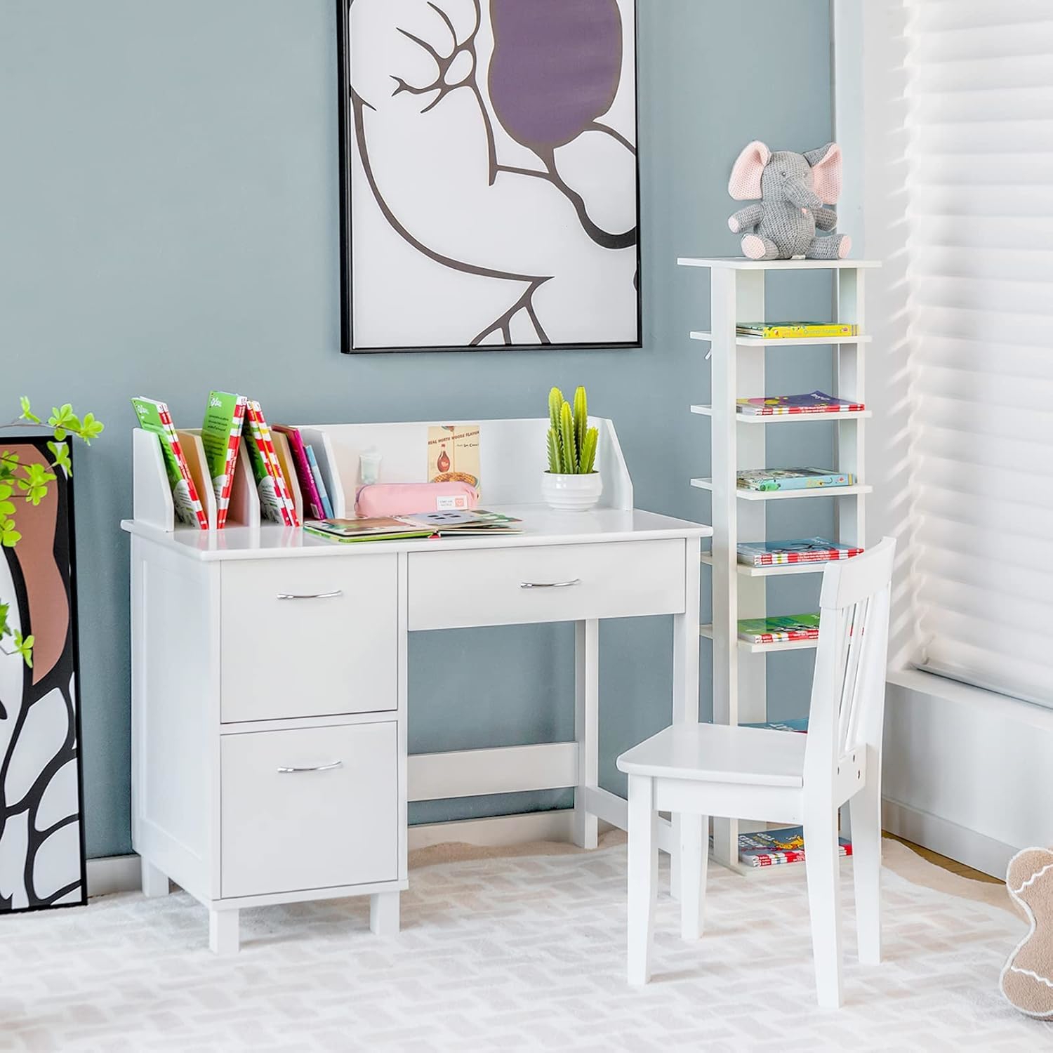 Image of Kids Study Desk W/chair, Wooden Student Computer Workstation W/ Book Dividers, Storage Drawer & Cabinet, Writing Desk Set For Children Over 3 Years Old, Perfect For Home, School, White