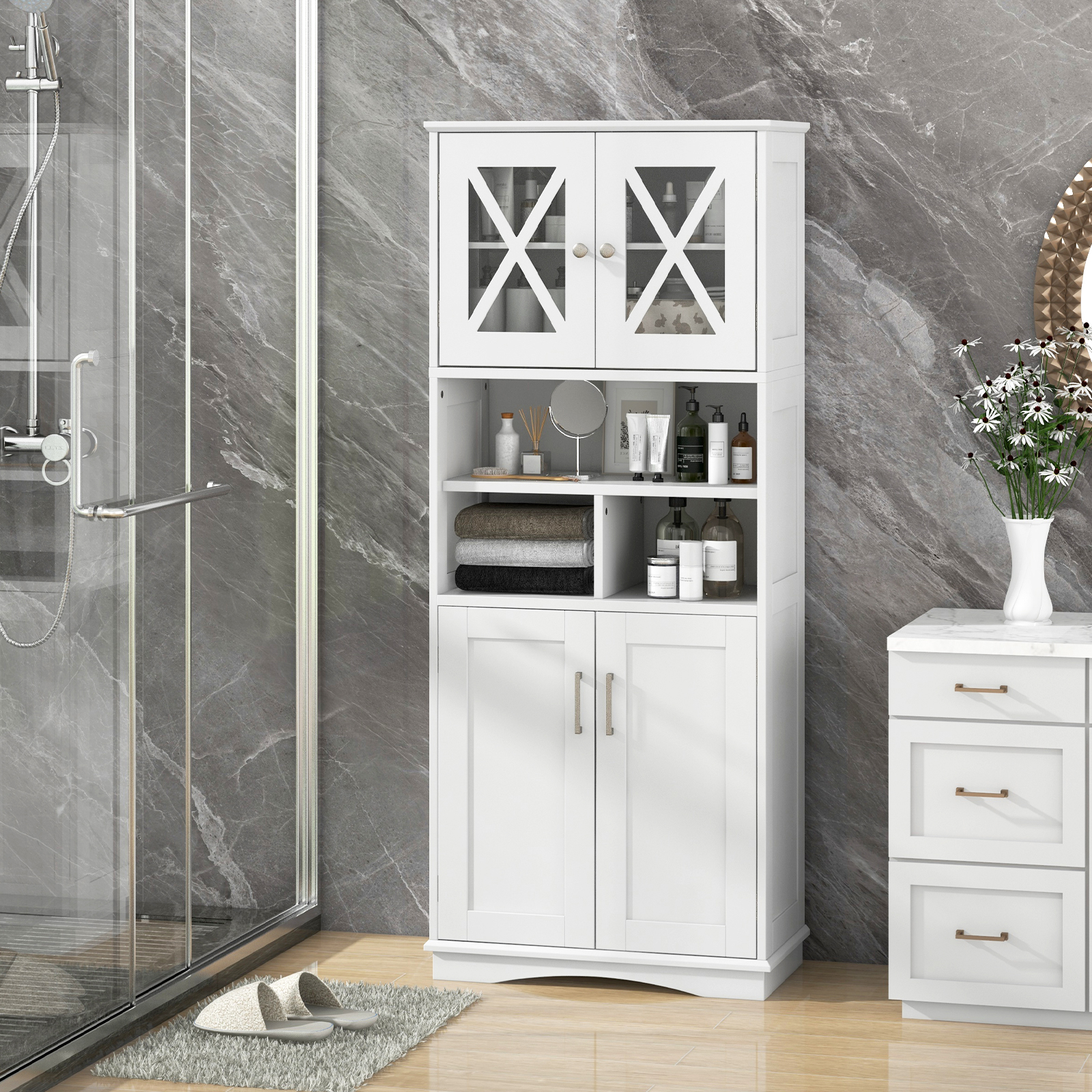 Image of Tall Bathroom Cabinet, Large Floor Storage Cabinet W/ Acrylic Doors & , Freestanding Pantry Cabinet W/ Adjustable Shelves, Kitchen Cupboard Sideboard Cabinet, Home Organizer For Bathroom