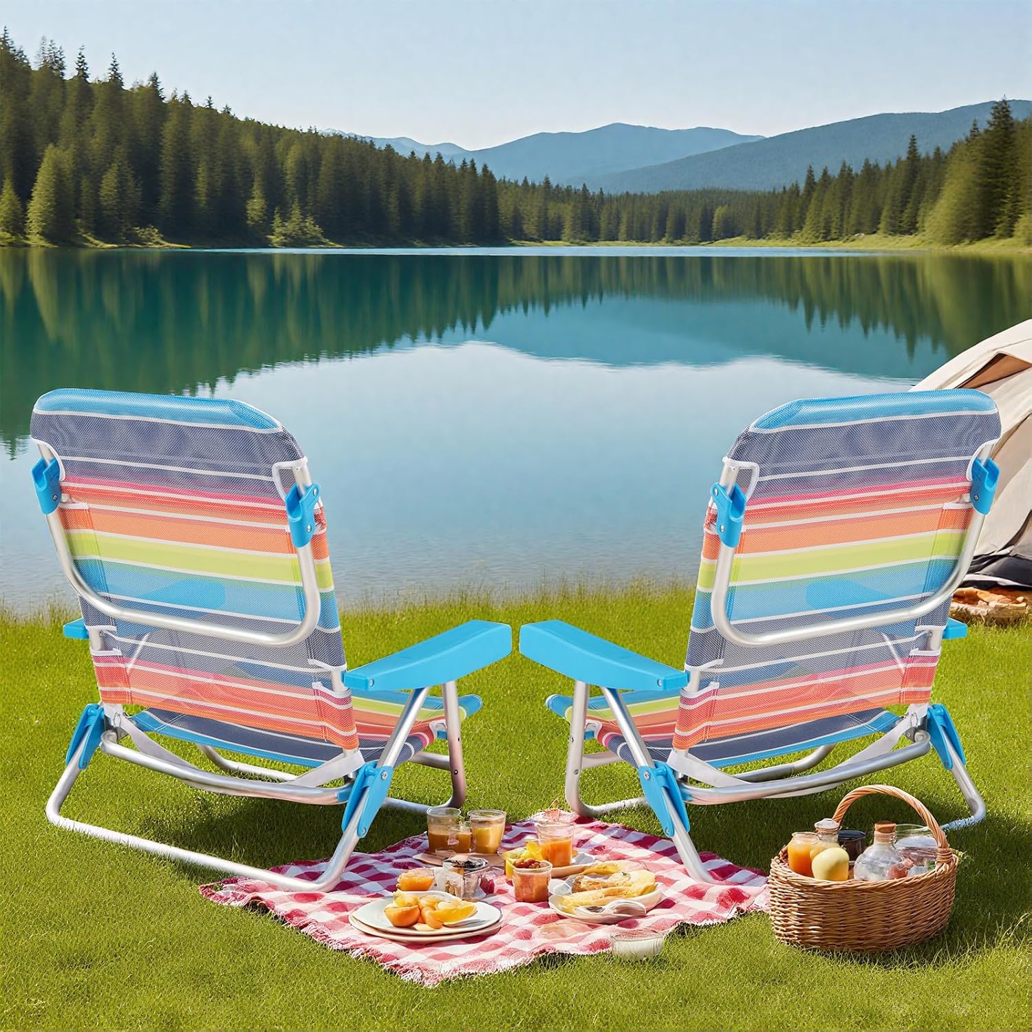 Image of 2 Pack Beach Chair For Adults, Foldable 5 Position Reclining Picnic Chair With Armrests, Carry Strap, Portable Aluminum Outdoor Backpack Chair For Fishing Camping Sunbathing, 150 Kg Weight Capacity