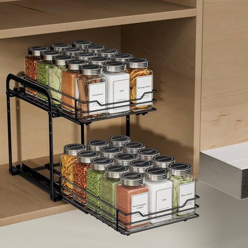 2 tier spice rack pull out spice organiser for inside cupboard cabinet or countertop adjustable cabinet shelf with smooth slide rails for kitchen pantry