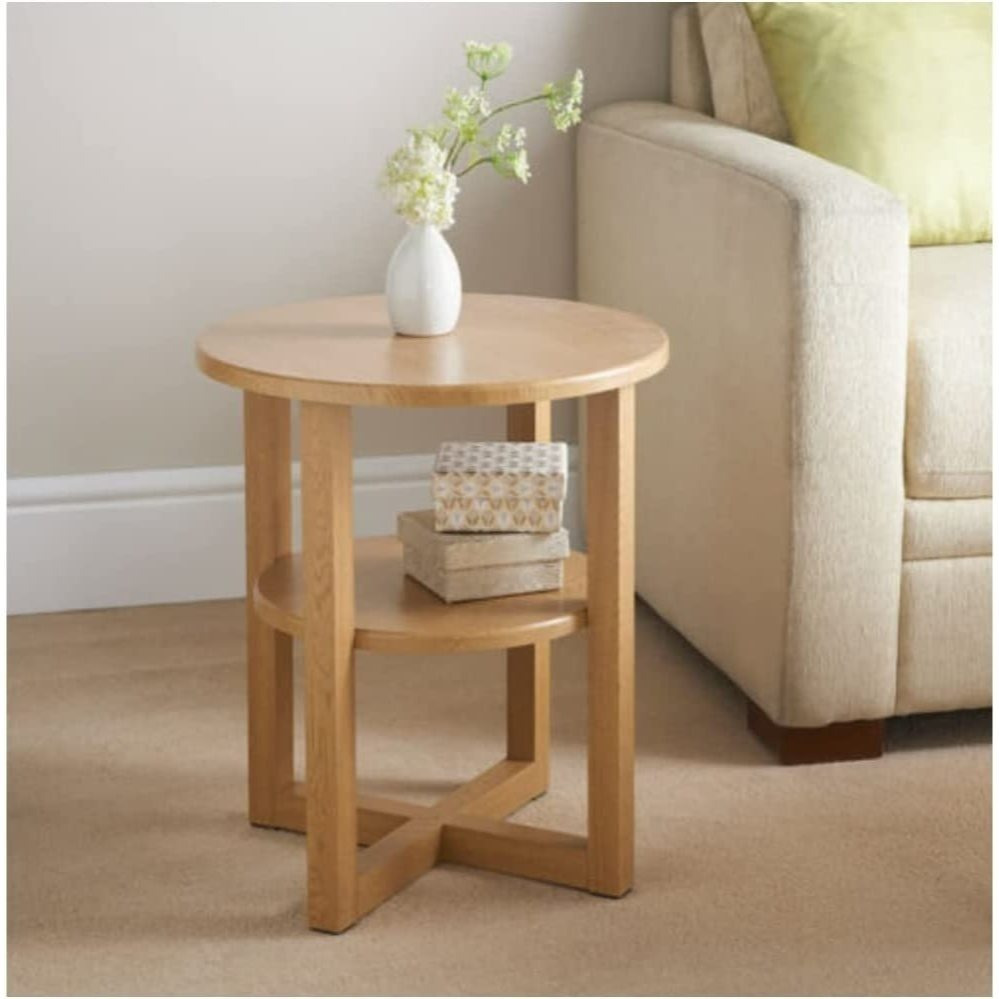 2 Tier Oak Effect Round Side Table with Storage