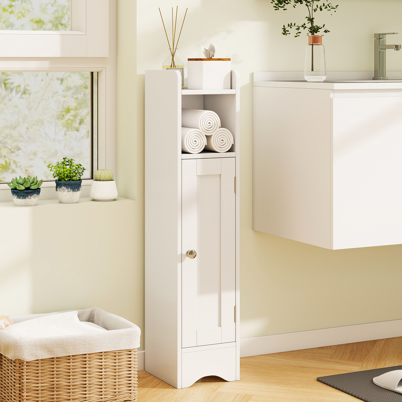 Image of Small Bathroom Storage Cabinet, Corner Floor Cabinet With Door & Adjustable Shelves, Narrow Toilet Paper Holder, Slim Storage Organizer For Living Room, Entryway, 7" X 7.5" X ", White