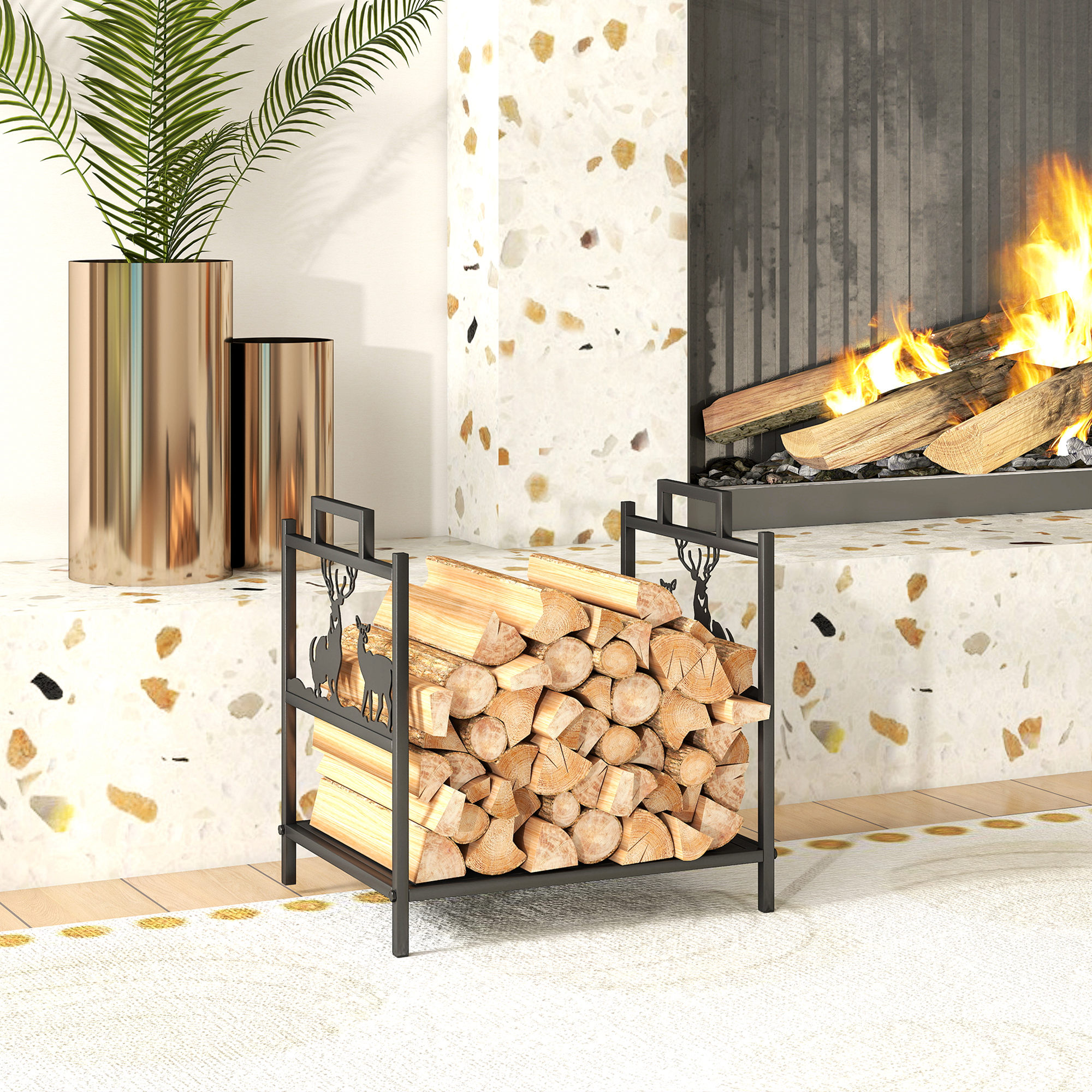 Indoor Firewood Rack 42.5 X 33.5 Cm, Reindeer Design Firewood Shelf, Fireplace Wood Stand For Stove, Firewood Holder, Black Metal Firewood Rack