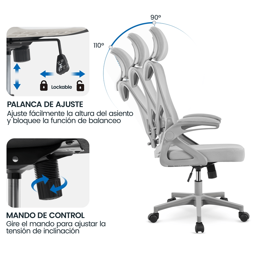 silla de    , silla de escritorio ergonómica con brazos plegables, silla   con respaldo y reposacabezas ajustable, carga   de   136 kg Detalles del producto 4