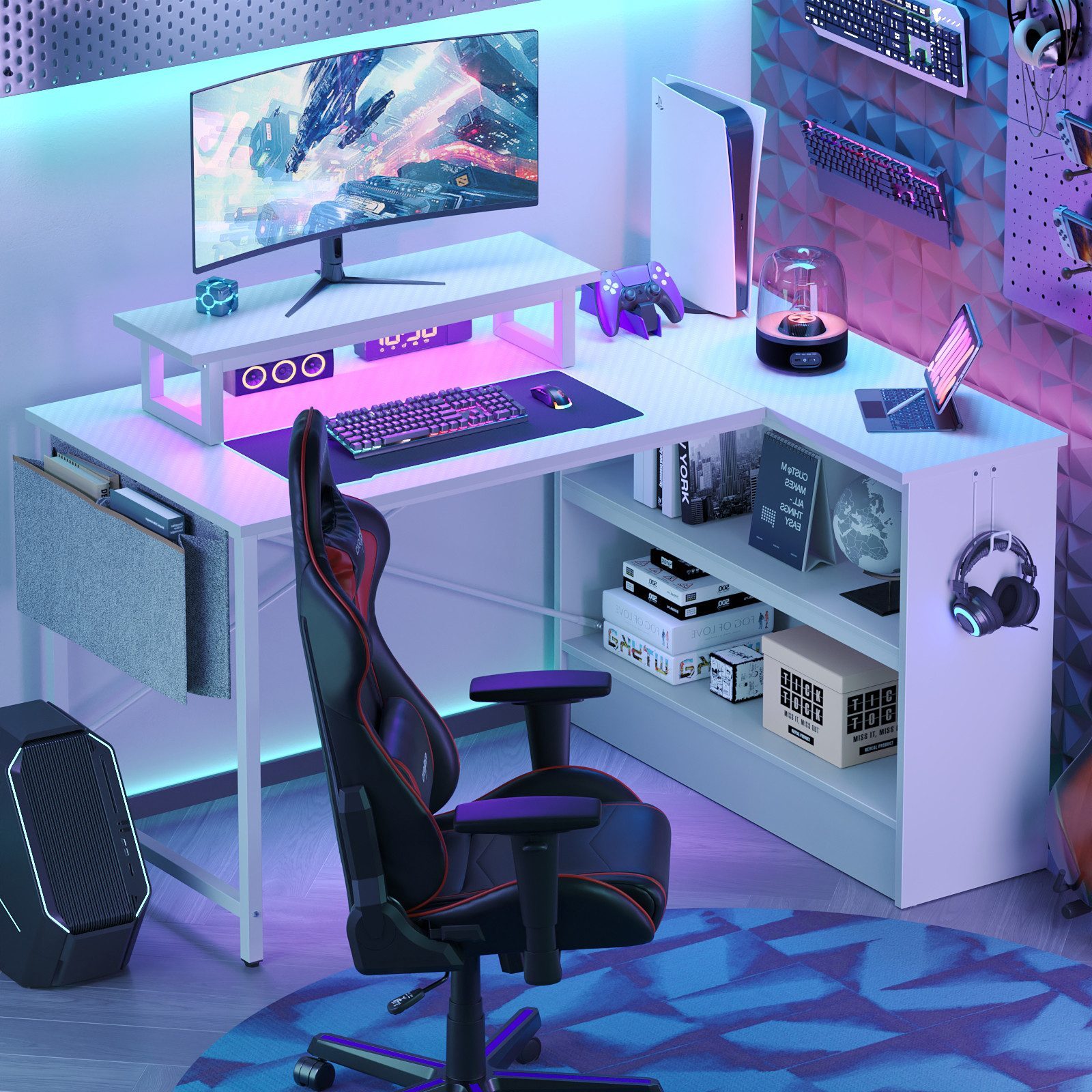 Image of Bestier Modern White/black L-shaped Gaming Desk, Writing Desk, 107 Cm Long, Includes Storage Cabinets And Fabric Pockets For , Ideal For Bedroom, Apartment