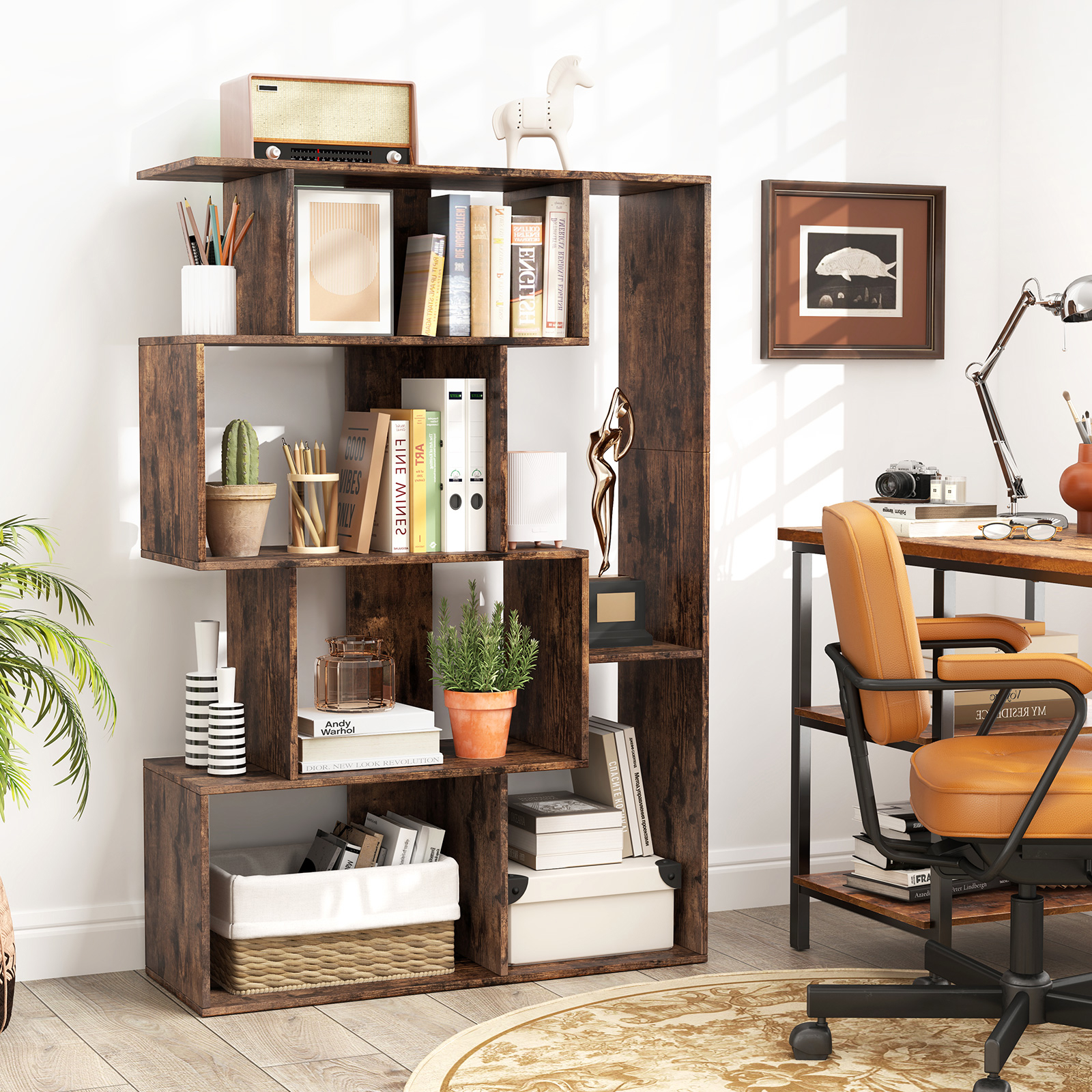 Open-back Geometric Bookshelf, -cube Large Bookcase W/ Anti-tip Kits, Free-standing Storage Shelf Unit, Floor Organizer Display Rack For Bedroom, Study, Living Room, Brown