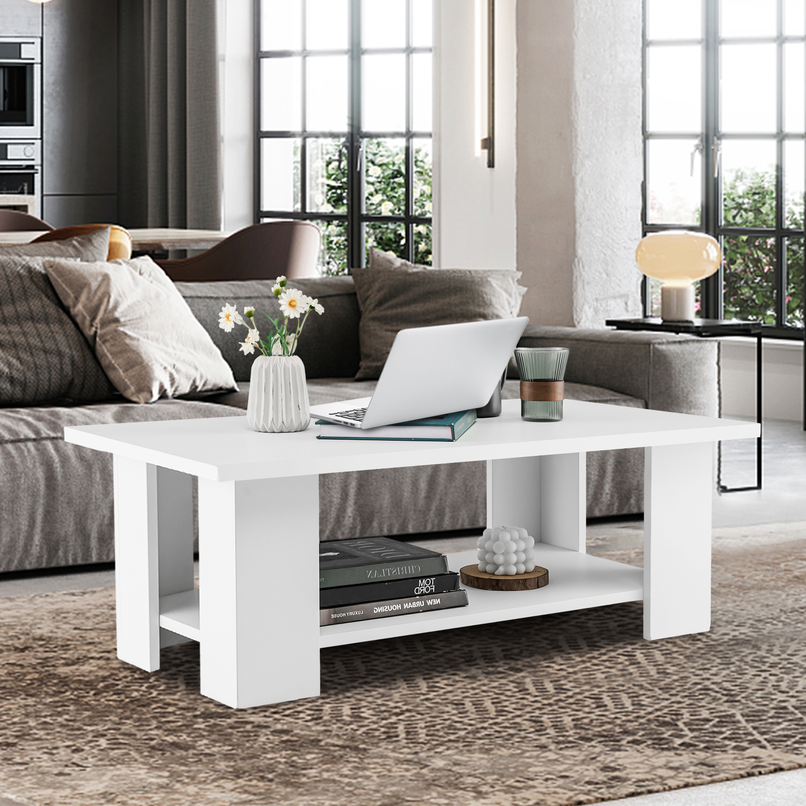 Living Room Wooden Coffee Table With 2 Levels And Large Top, Modern Rectangular Coffee Table, Table Top 95kg Weight Capacity