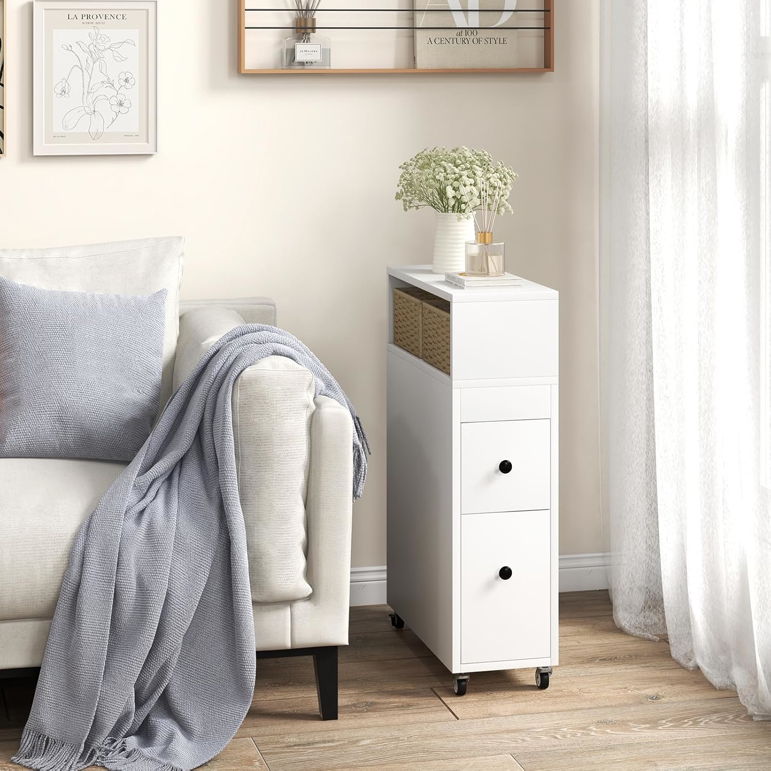 Image of Movable Bathroom Storage Cabinet, Narrow Toilet Side Cabinet W/ 2 Slide Out Drawers, 2 Rattan Baskets & Storage Shelves, Free Standing Toilet Paper Holder On Wheels For Small Spaces, White