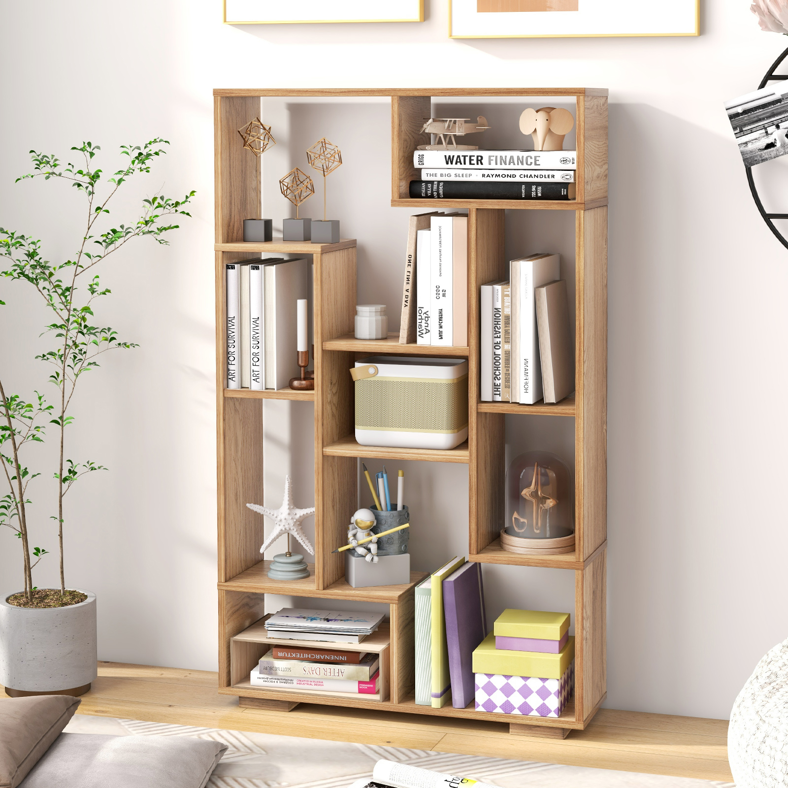 Image of 47-inch Tall Bookshelf, Modern Geometric Bookcase With Open Shelves, Freestanding Book Storage Organizer Shelf With Anti-tipping Kits For Home Office Living Room,natural