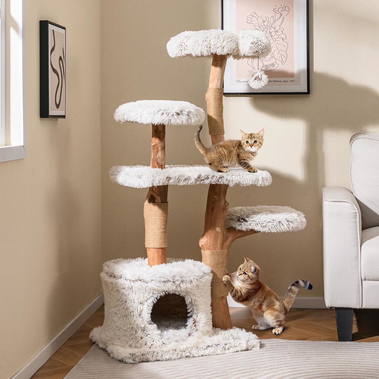 Modern Cat Tree For Indoor Cats, Tall Cat Tower With Natural Wood Branches, Scratching Posts, Plush Perch, Condo]