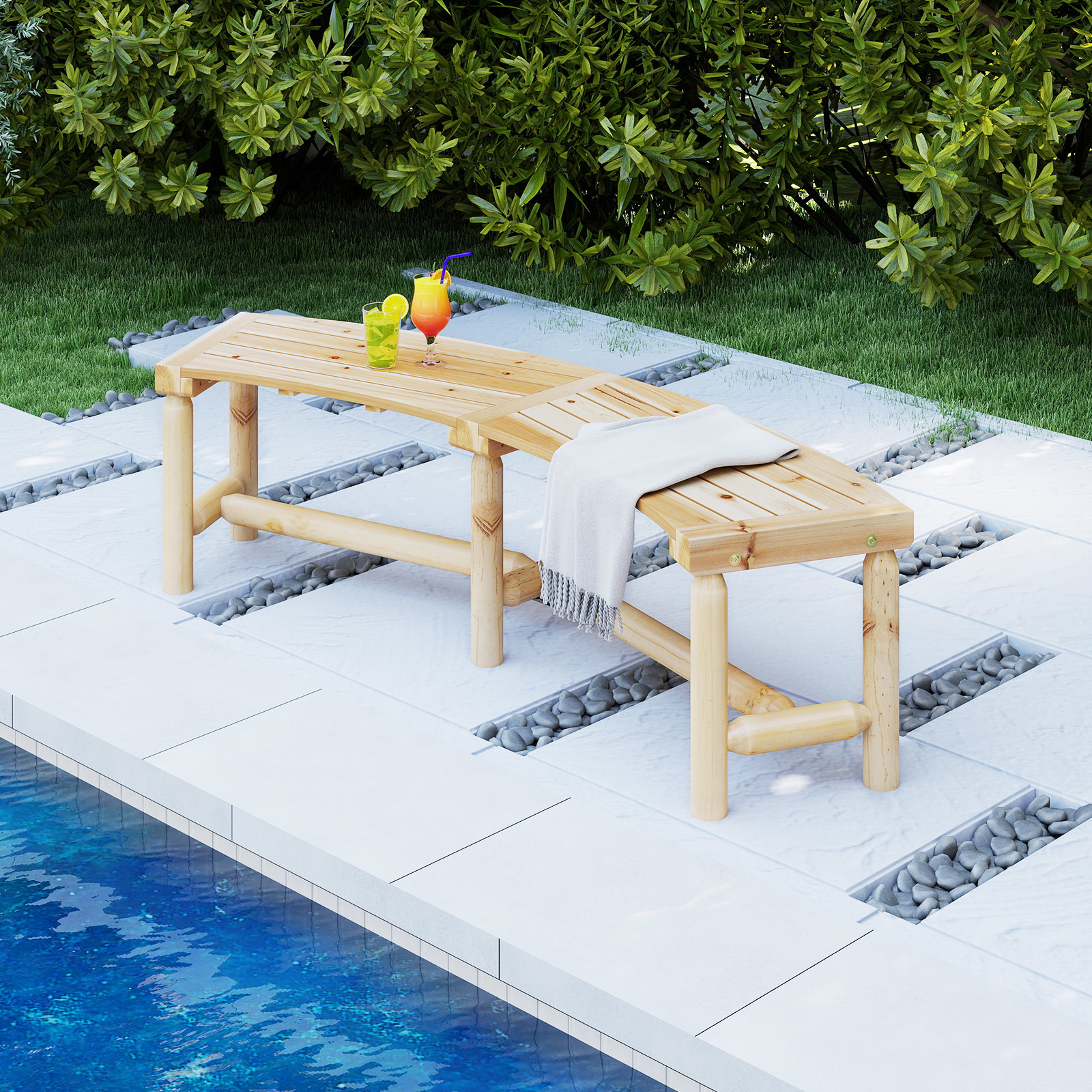 Patio Curved Bench, Carbonized Wood Bench For 2-3 People, 360 Kg Weight Capacity, Fire Pit Backless Dining Bench