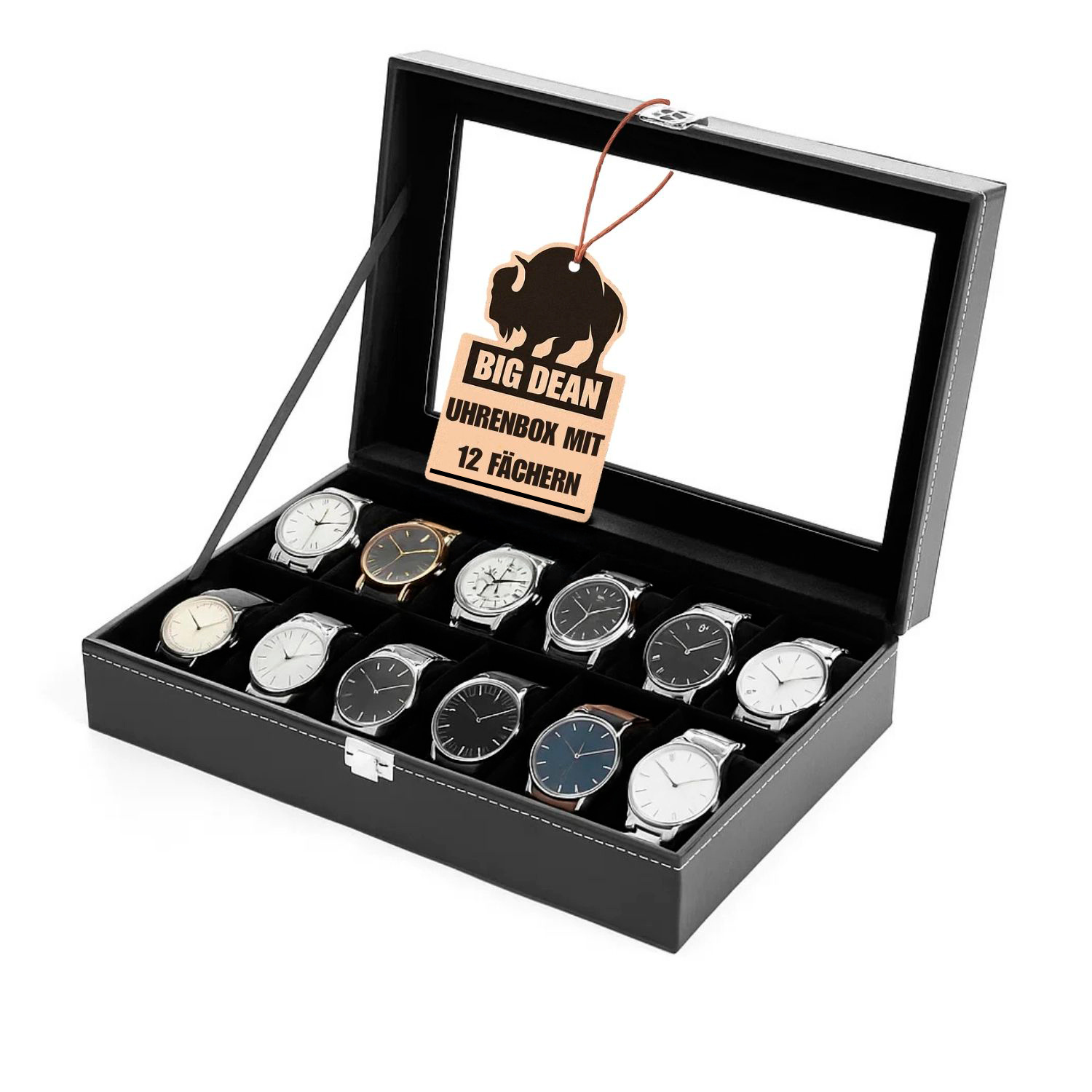 E-shop BigDean Uhrenbox für 12 Uhren Glasdeckel - schicke Uhrenbox Herren Watch Box Uhrenaufbewahrung