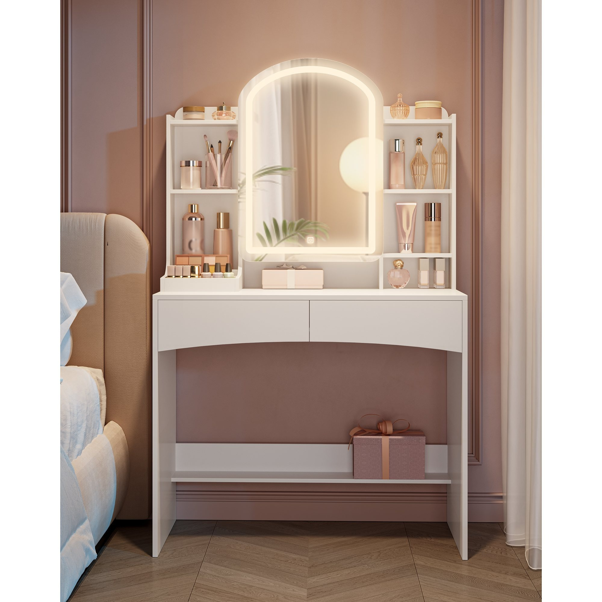 TEMU Toeletta da Trucco con Illuminazione a LED, Piano D'appoggio Grande da 90 cm, Tavolo da Trucco con Specchio , Organizer per Gioielli Dietro