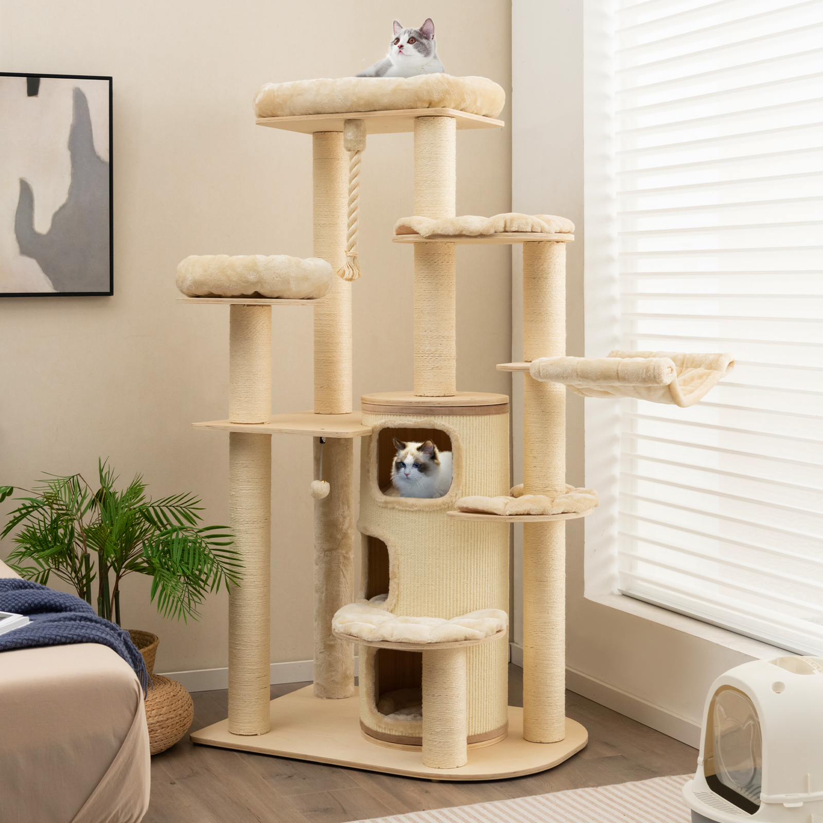 Tall Cat Tree, Cat Condo, Hammock, Sisal Scratching Posts, , Hanging Play Rope For Indoor Cats Kittens