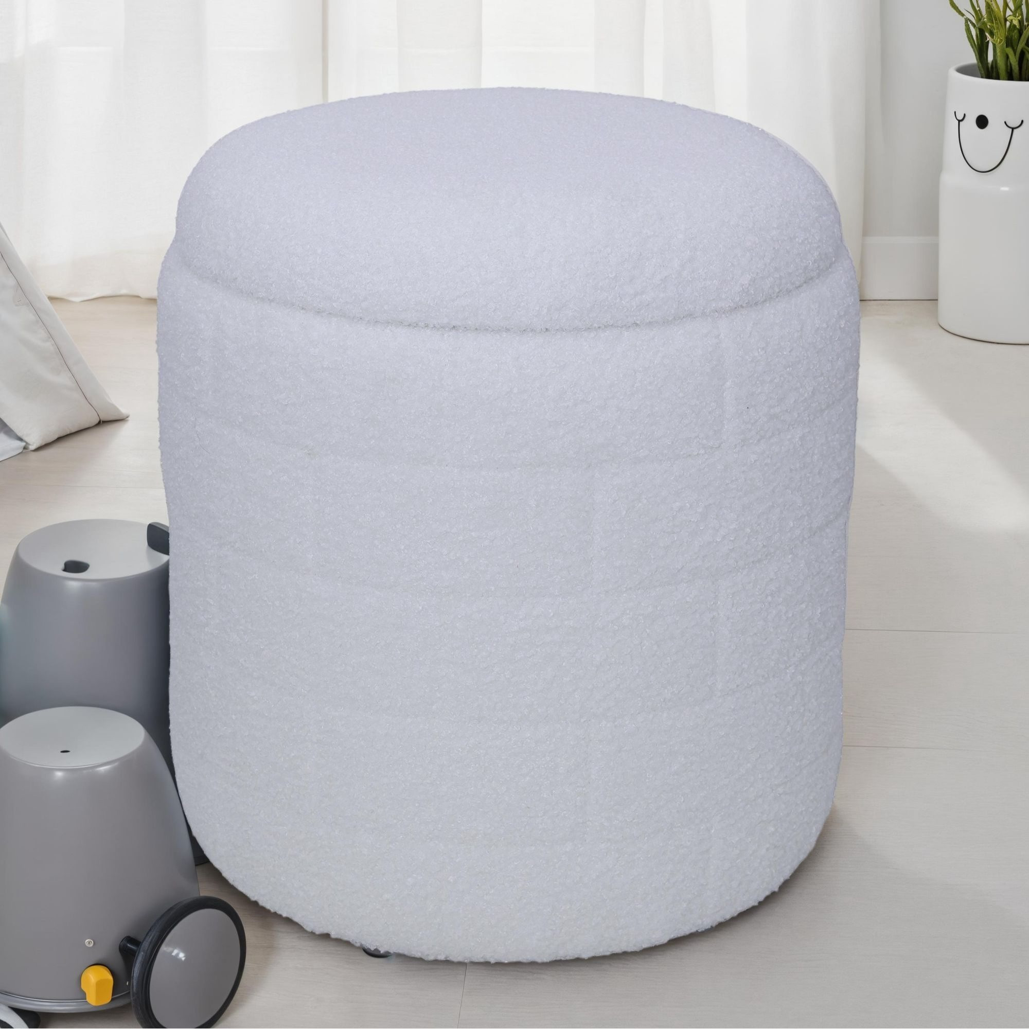 Ottoman With Storage 40x40x45 Cm, Round Fabric Ottoman White With Removable Lid, Upholstered Storage Ottoman, Modern Side Ottoman For Living Room