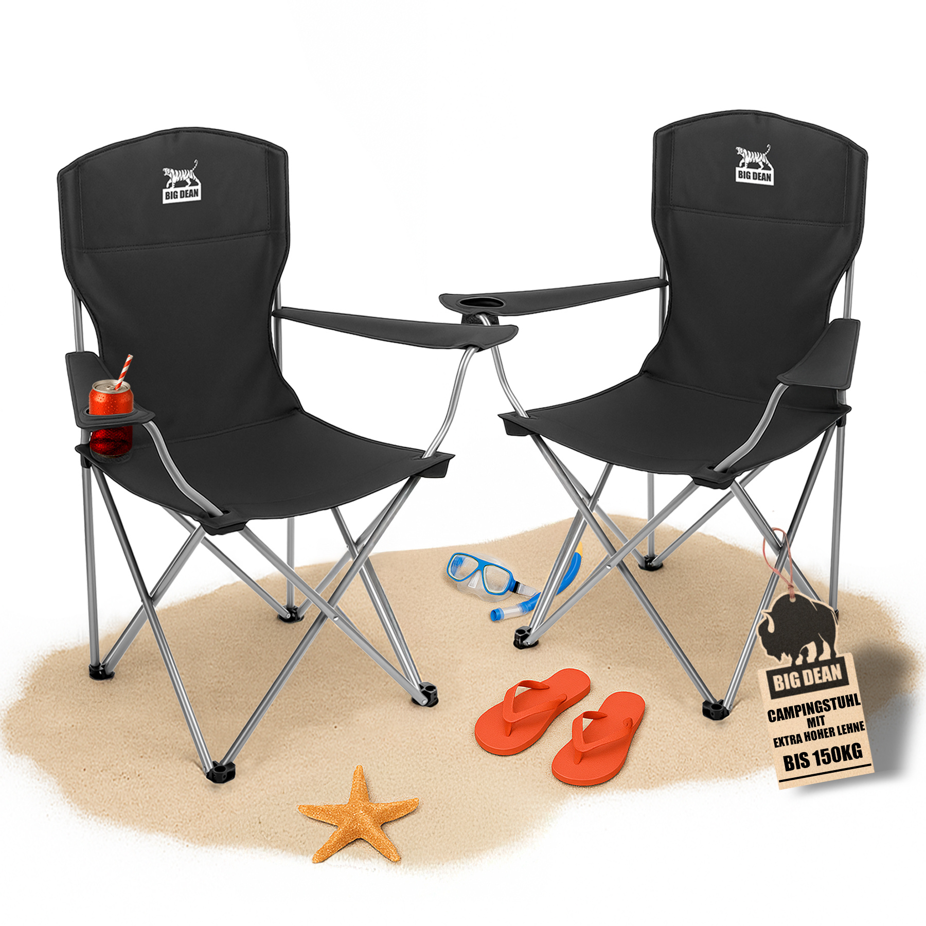 TEMU Bigdean 2pcs Set Camping Chair With Extra High Backrest, Max. 150kg Loadable, Foldable Camping Chair, Fishing Chair, Camping Chairs