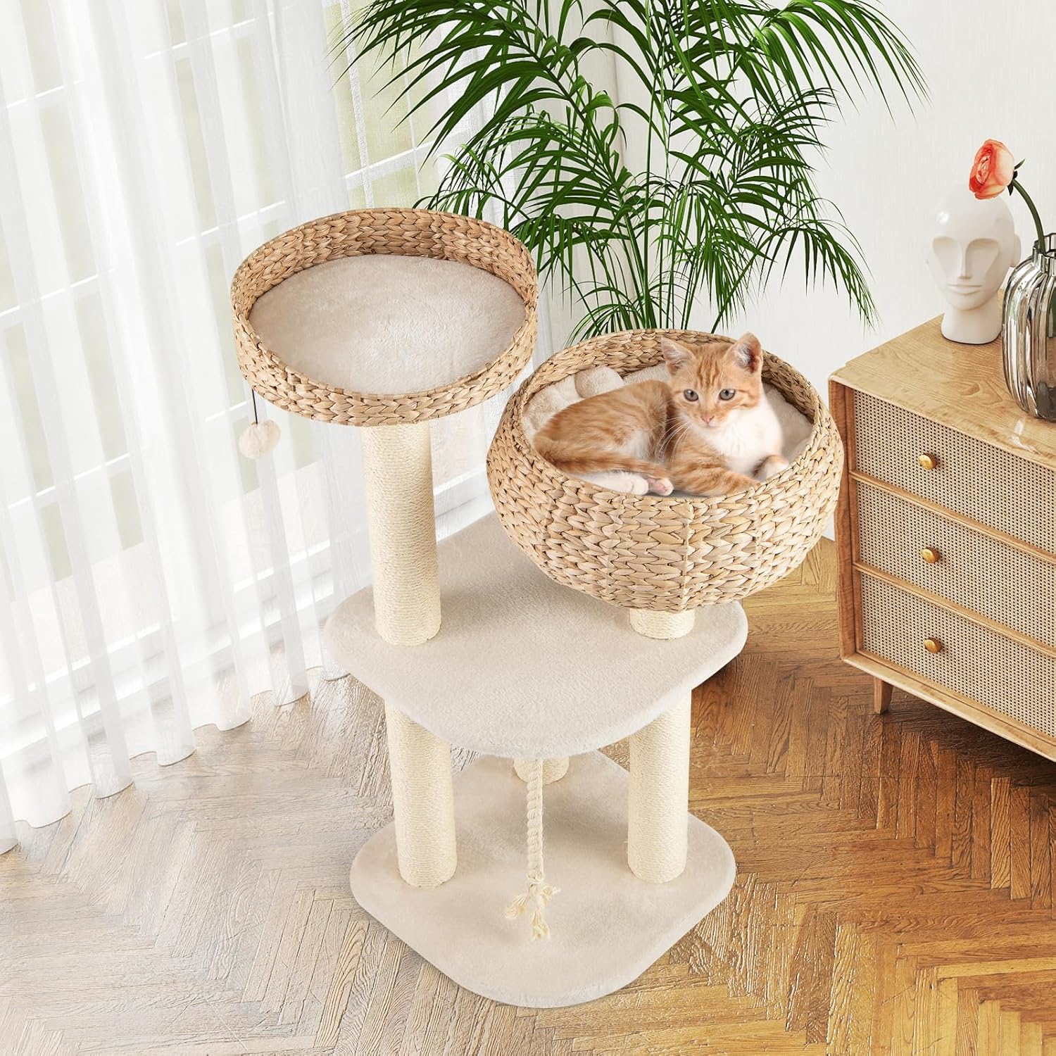 Image of Rattan Cat Tree, Removable Cushions, Hanging Toy Ball And Rope, Cat Tower Furniture With Sisal Scratching Posts