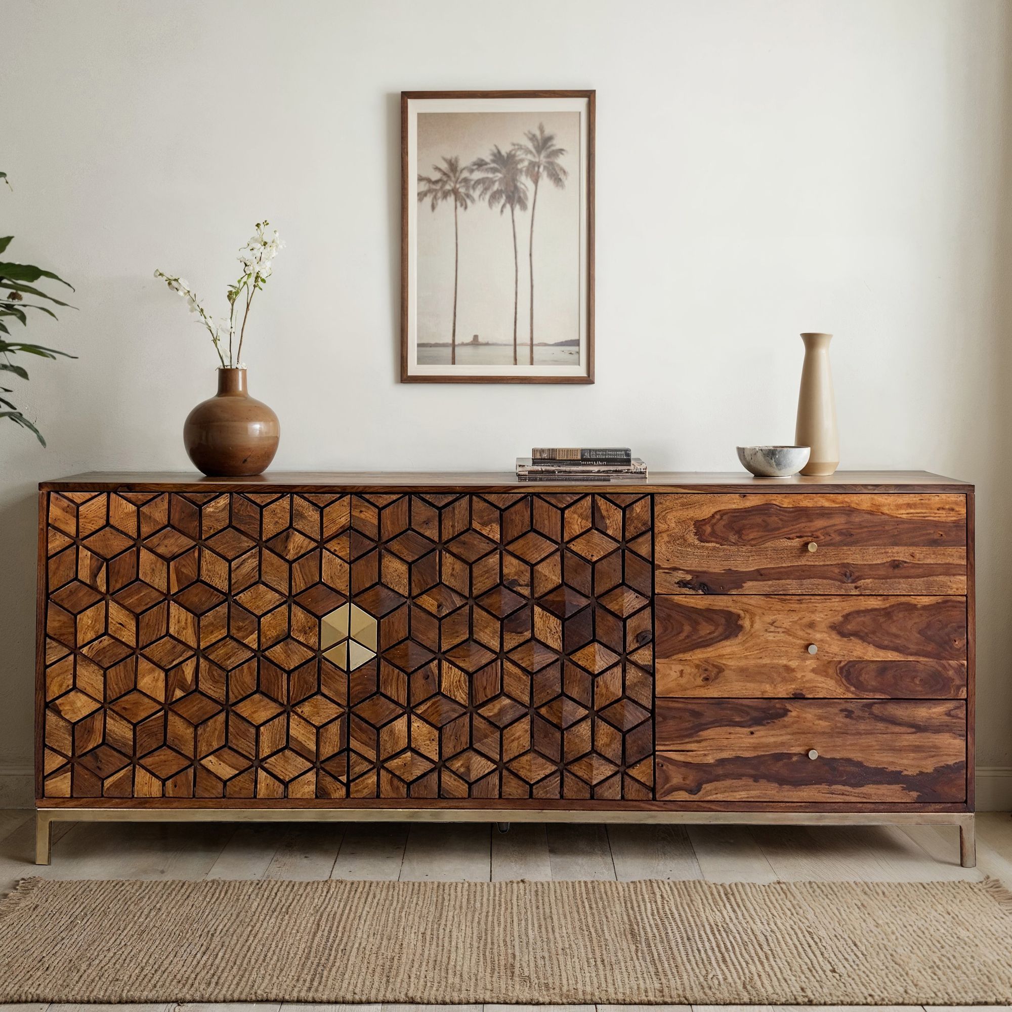 Solid Wood Sideboard, 180 Cm, Buffet With & 3 Drawers, With Geometric Pattern, Living Room Dining Room Cabinet, Gold Metal Frame
