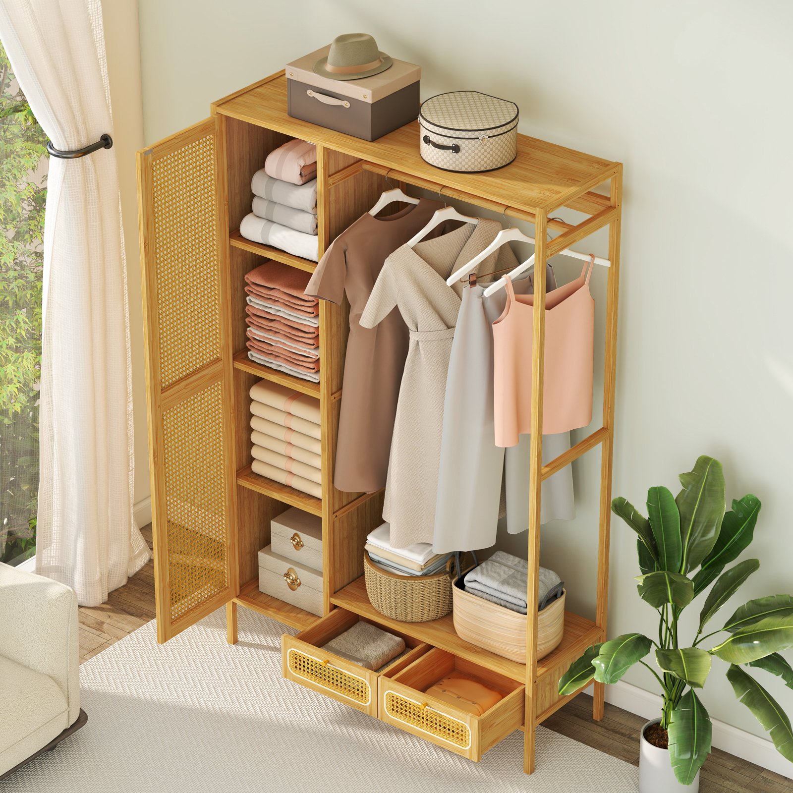 Image of Rack, Heavy Duty Garment Rack With Cabinet, Hanging Rod, Storage Shelf & Drawers, Freestanding Wardrobe Closet Organizer For Foyer Entryway Bedroom, Natural