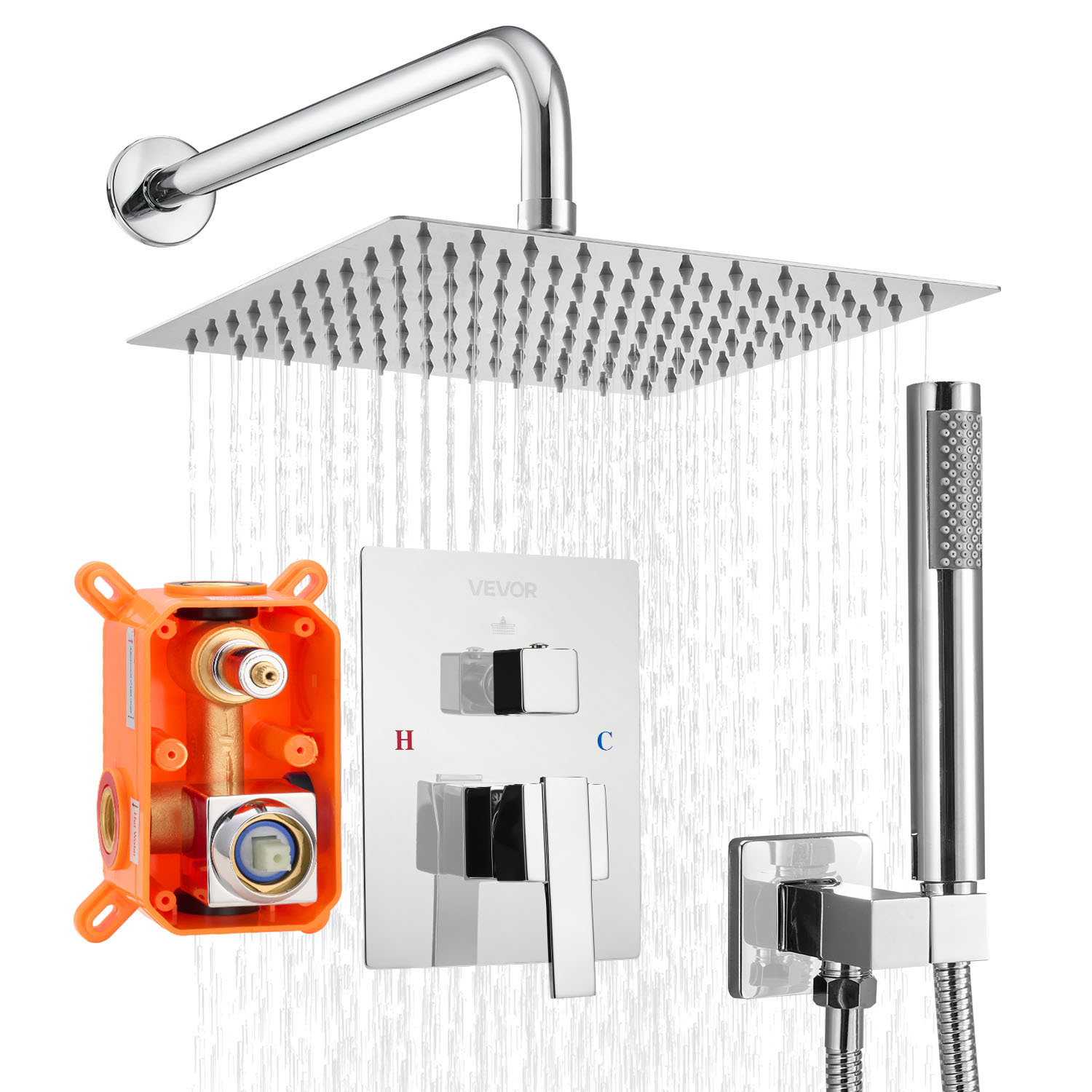 Vevor Shower Faucet Set 10" Square Rain Shower Head And Hand Set Silver Chrome