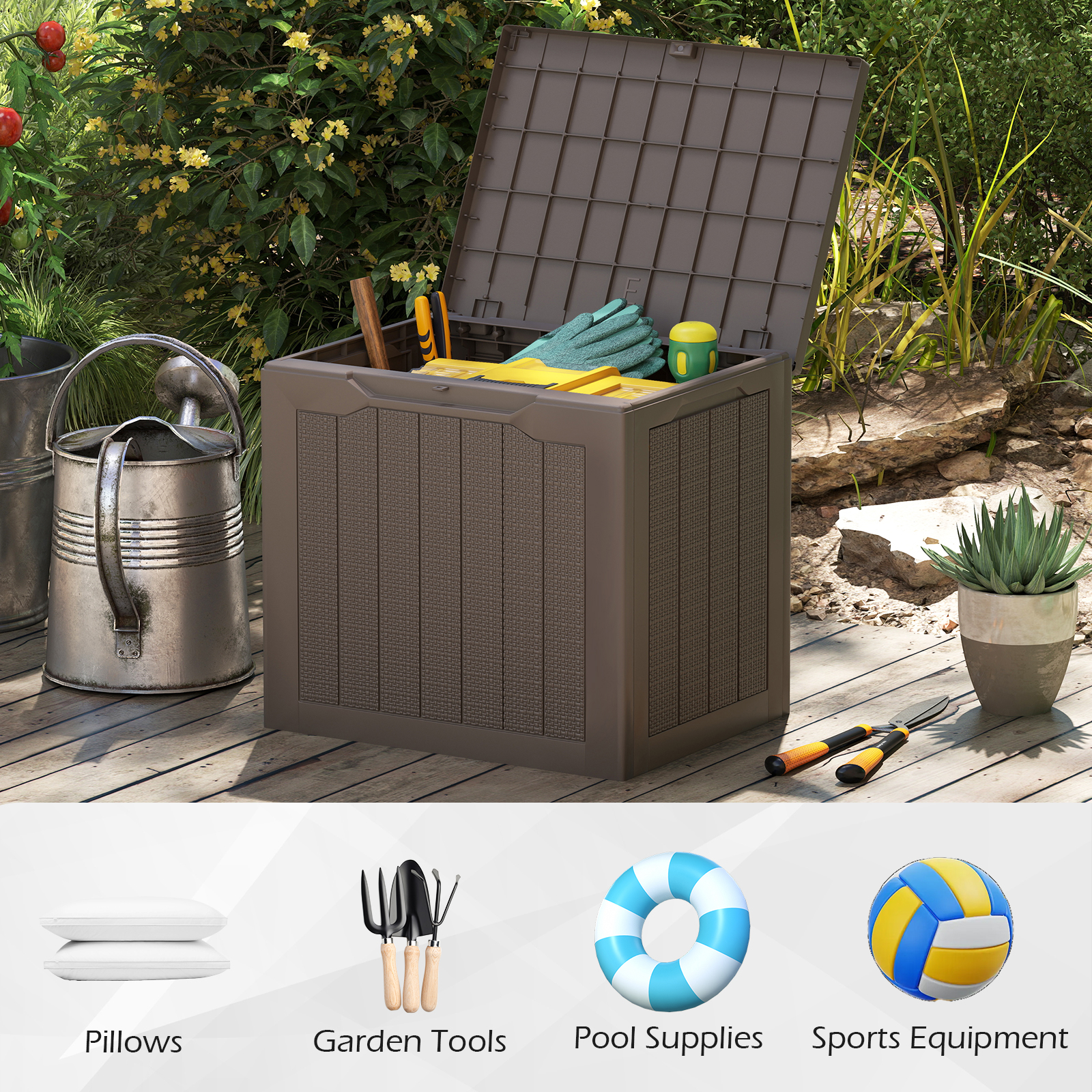 Storage Box, 96l Deck Box With Lockable Lid And Wicker-woven Texture, Small Storage Bin For Pool Accessories, Garden Tools